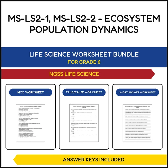MS NGSS Life Science | MS LS2 1, MS LS2 2 Ecosystem | 3 Worksheets | Grade 6