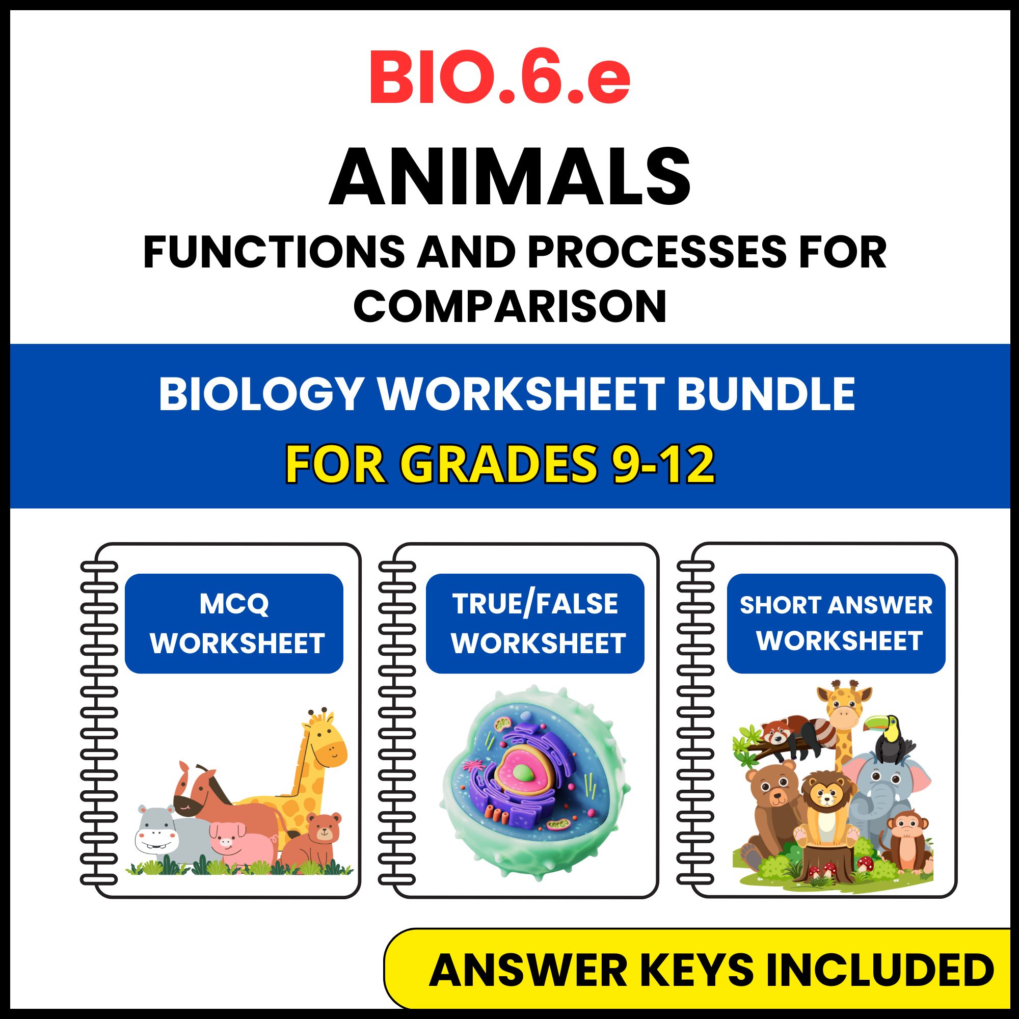 VA SOL Biology | Animals functions and processes | 3 Worksheets | Grade 9-12