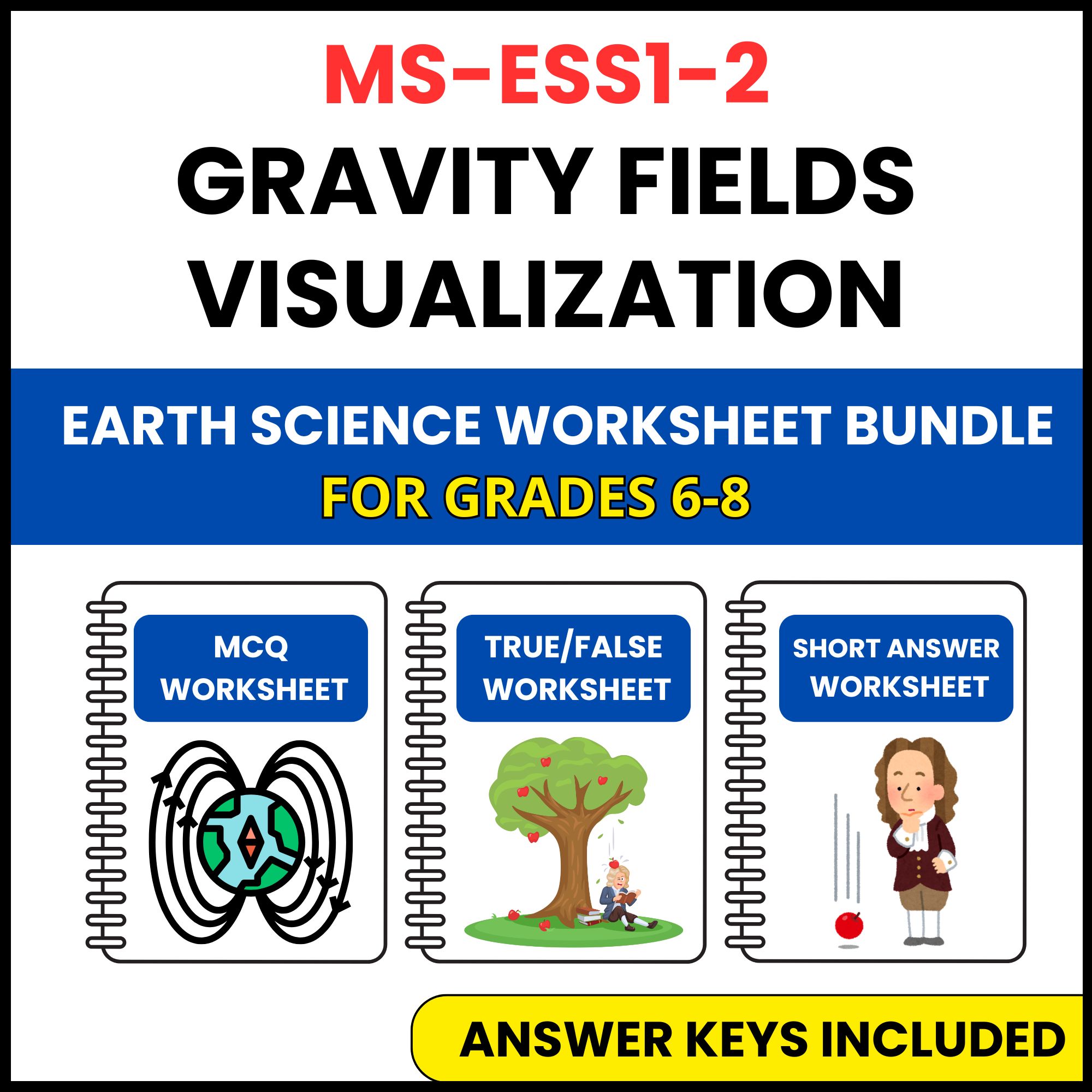 MS NGSS Earth Science | Gravity Fields Visualization | 3 Worksheets | Grade 6-8