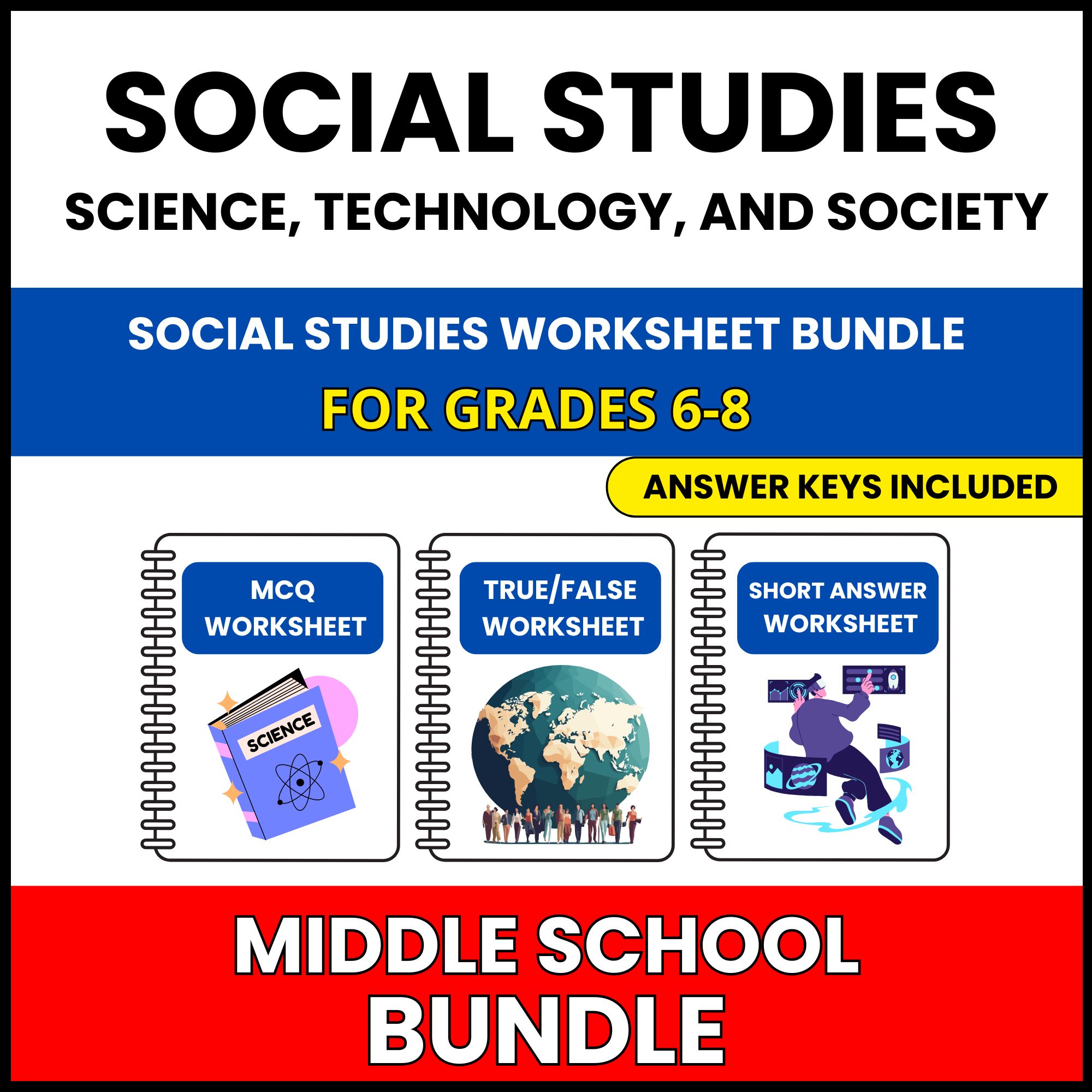 MS Social Studies | Science Technology | 60 Worksheets BUNDLE | Grade 6-8