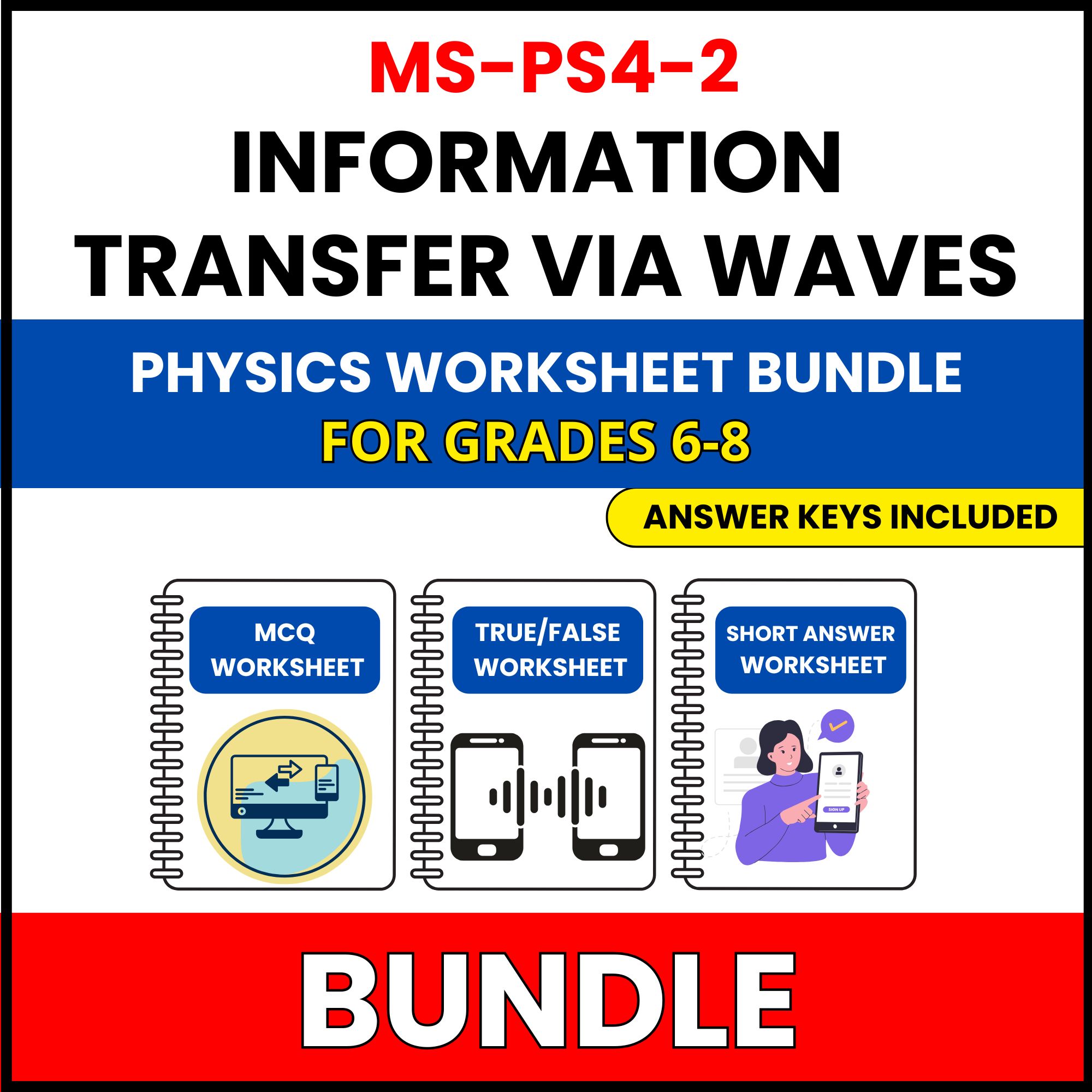MS NGSS Physics | Information Transfer via | 30 Worksheets BUNDLE | Grade 6-8