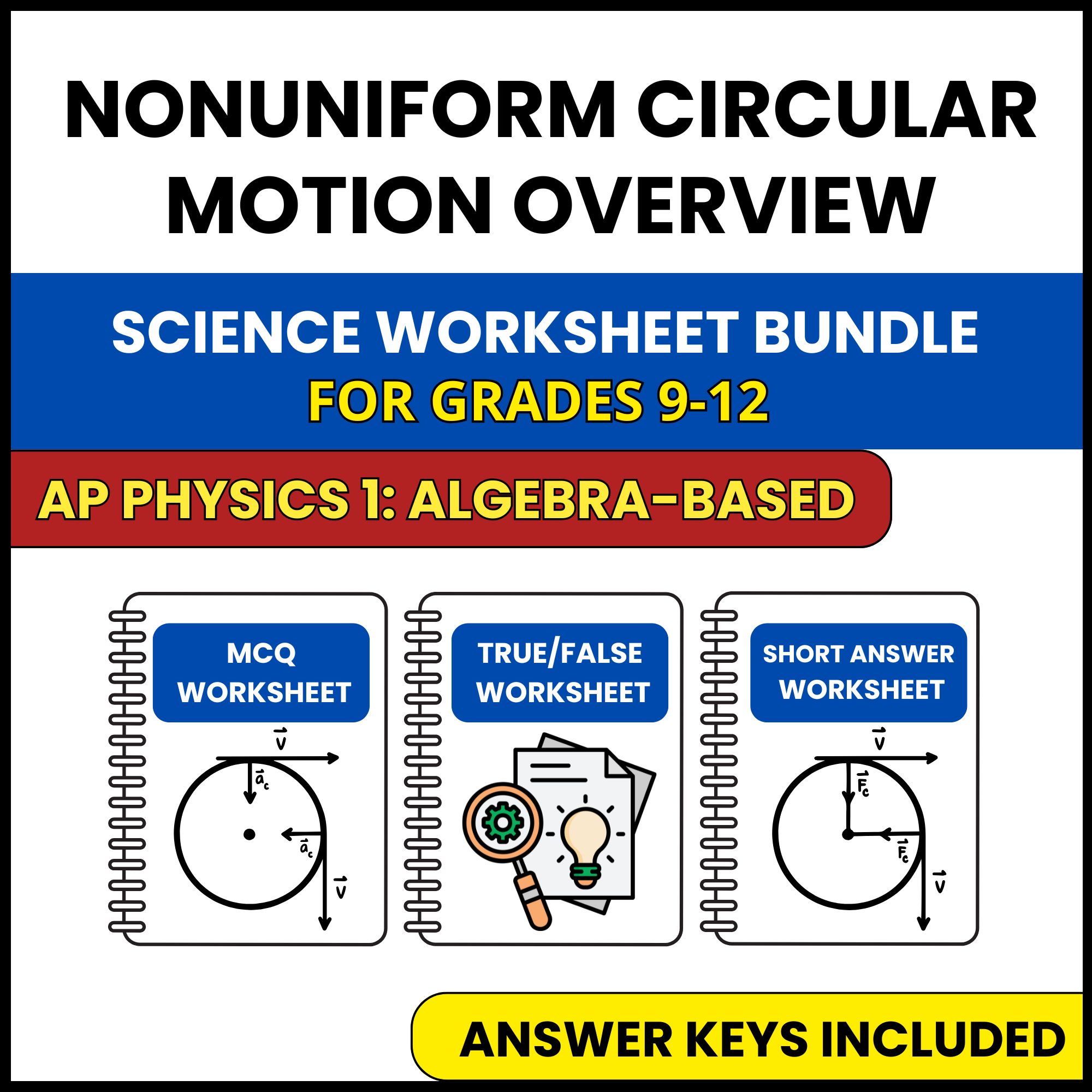 AP Physics 1 | Nonuniform Circular Motion Overview | 3 Worksheets | Grade 9-12