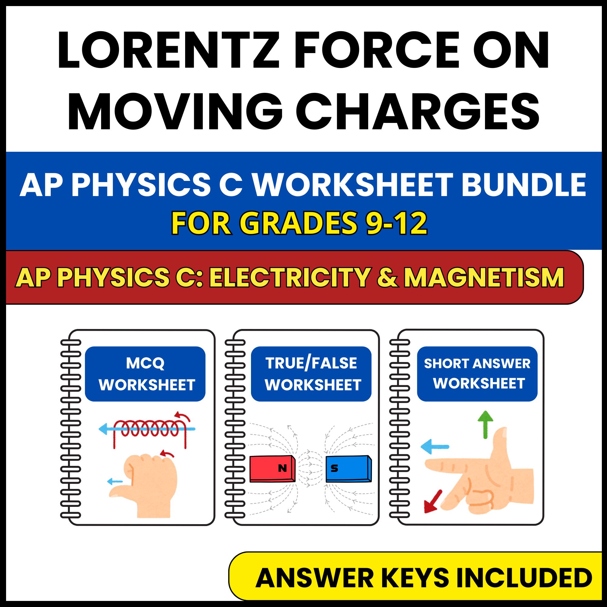 AP Physics C E&M | Lorentz Force on Moving Charges | 3 Worksheets | Grade 9-12