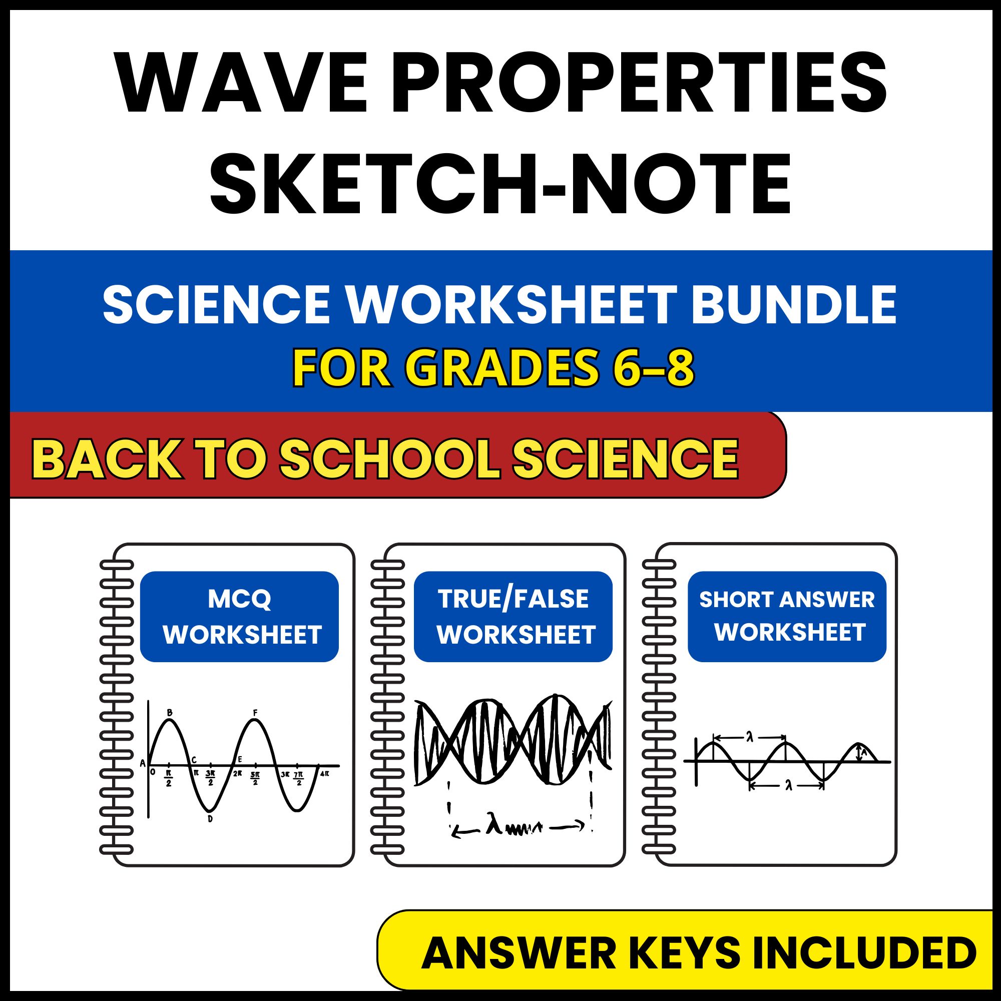 Back to School | Wave Properties Sketch Note | 3 Worksheets | Grade 6-8