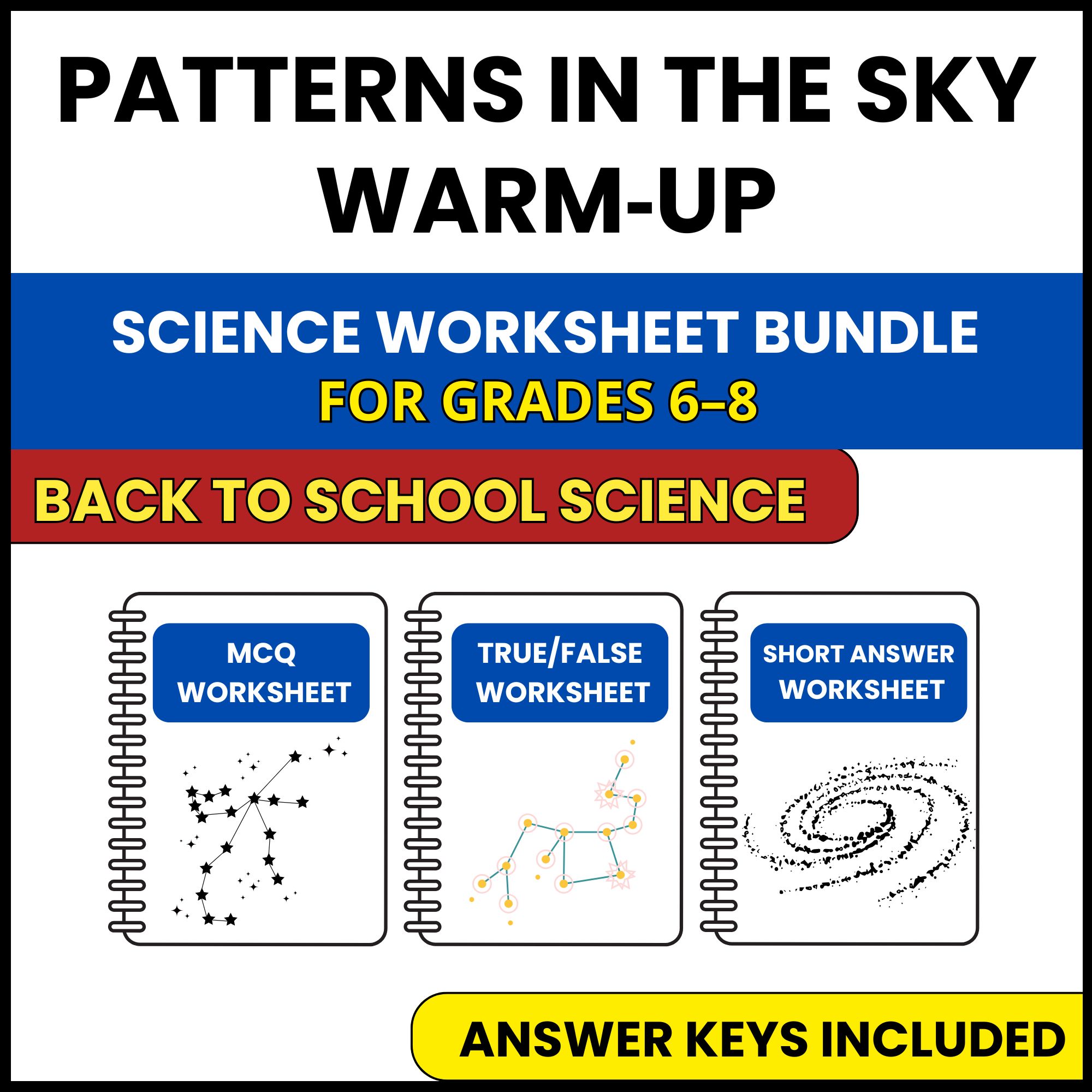 Back to School | Patterns in the Sky Warm Up | 3 Worksheets | Grade 6-8