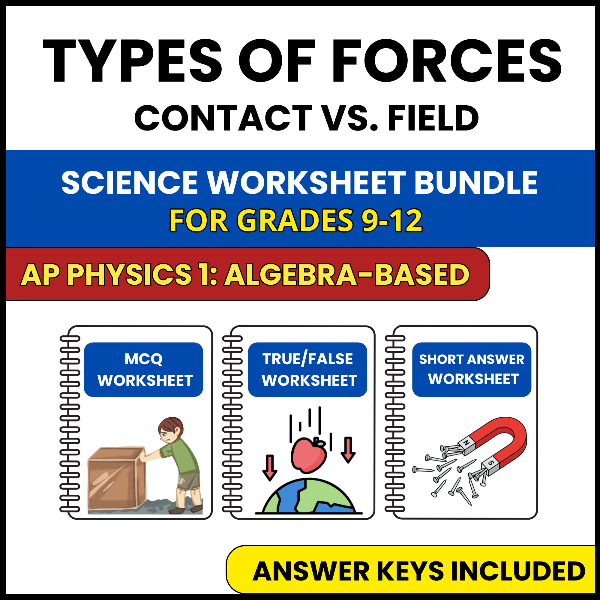 AP Physics 1 | Types of Forces Contact and Field | 3 Worksheets | Grade 9-12