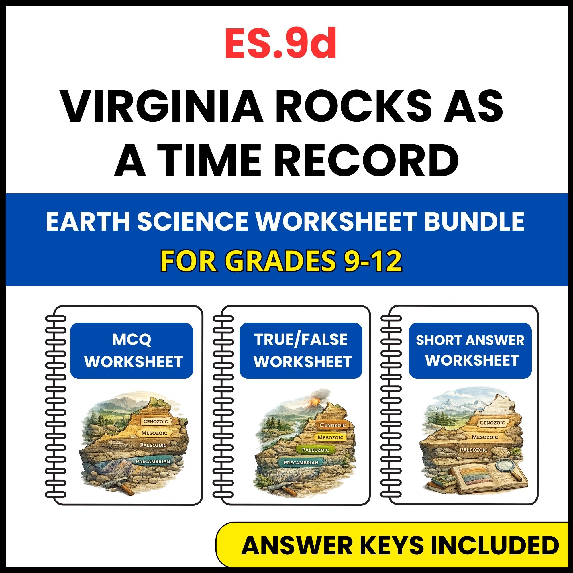 VA SOL Earth Science | Virginia Rocks as a Time | 3 Worksheets | Grade 9-12