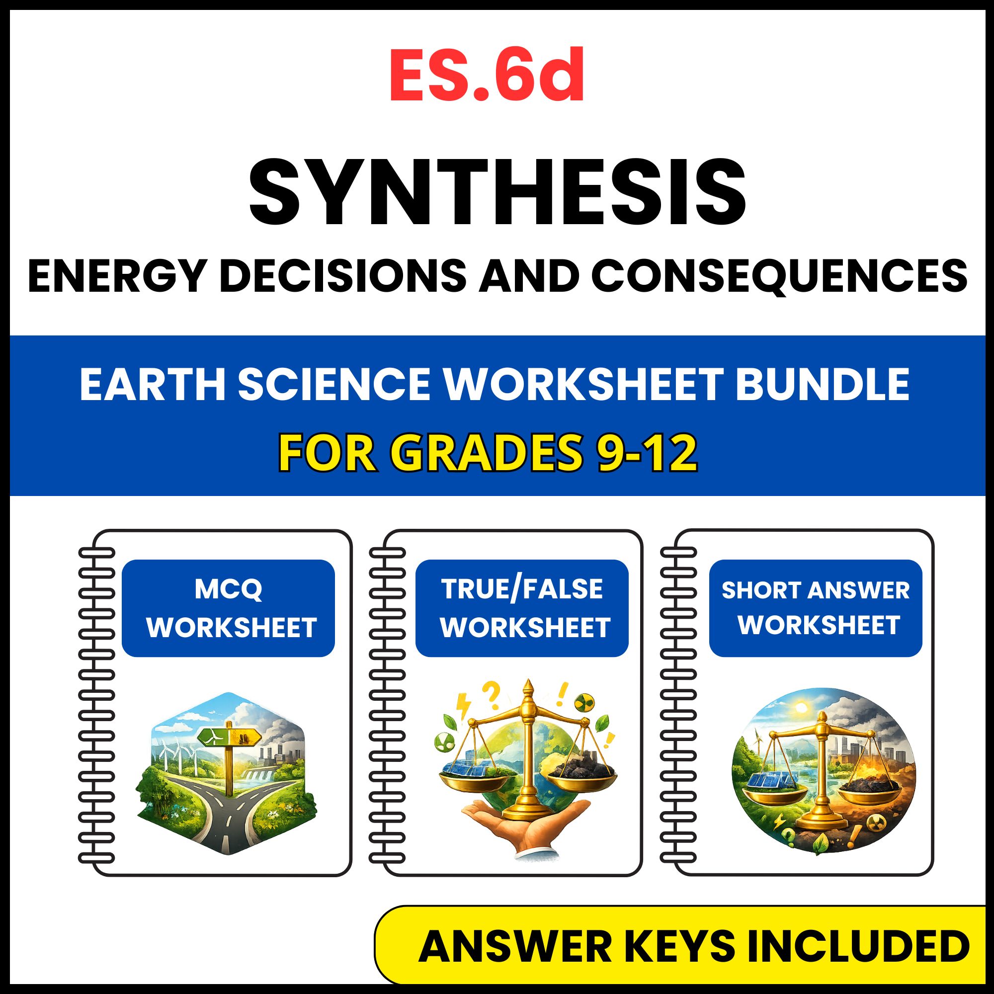 VA SOL Earth Science | Synthesis Energy Decisions | 3 Worksheets | Grade 9-12