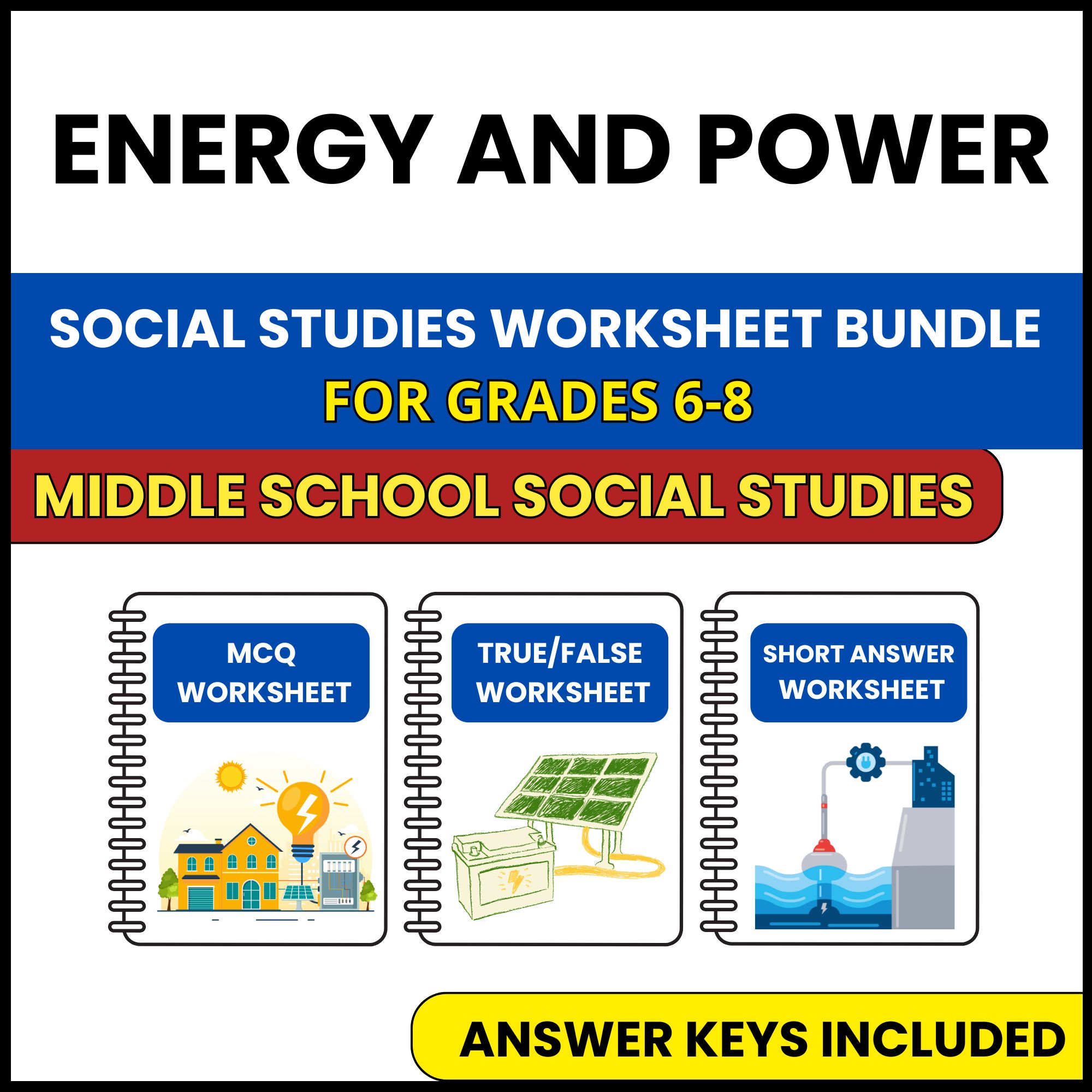 MS Social Studies | Energy and Power | 3 Worksheets | Grade 6-8