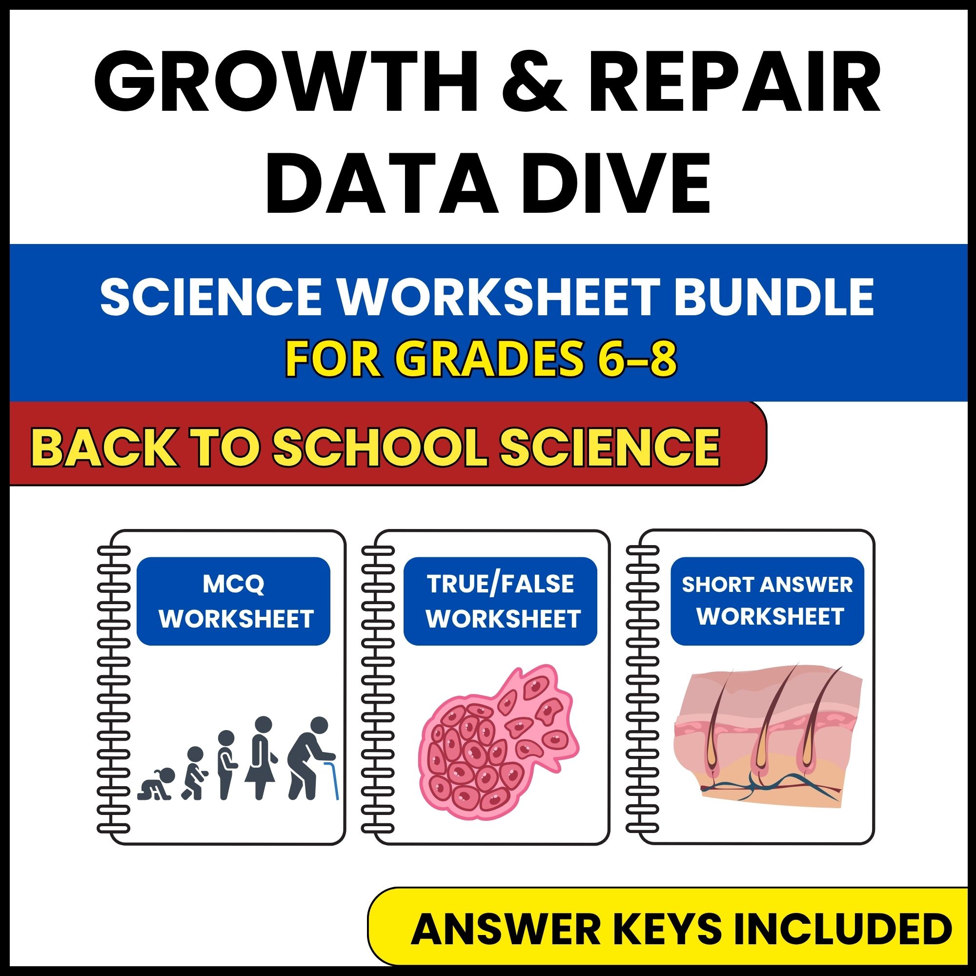 Back to School | Growth and Repair Data Dive | 3 Worksheets | Grade 6-8