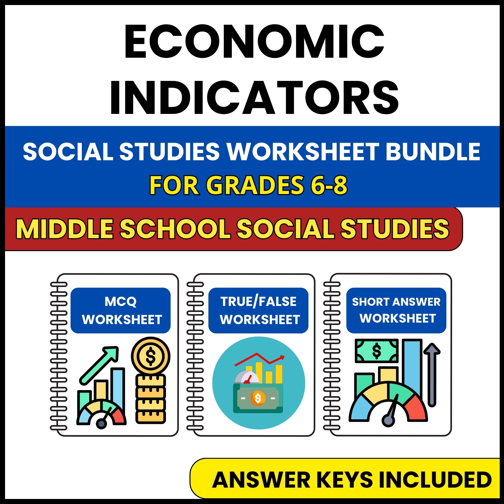MS Social Studies | Economic Indicators | 3 Worksheets | Grade 6-8