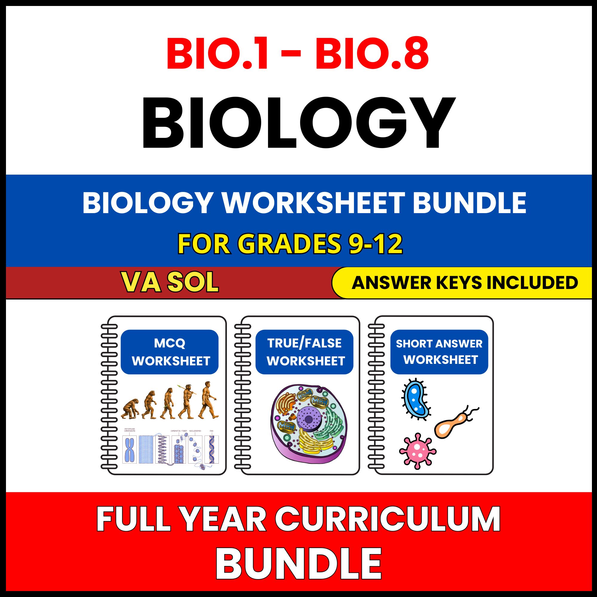 VA SOL Biology | Full Year Curriculum | 360 Worksheets BUNDLE | Grade 9-12