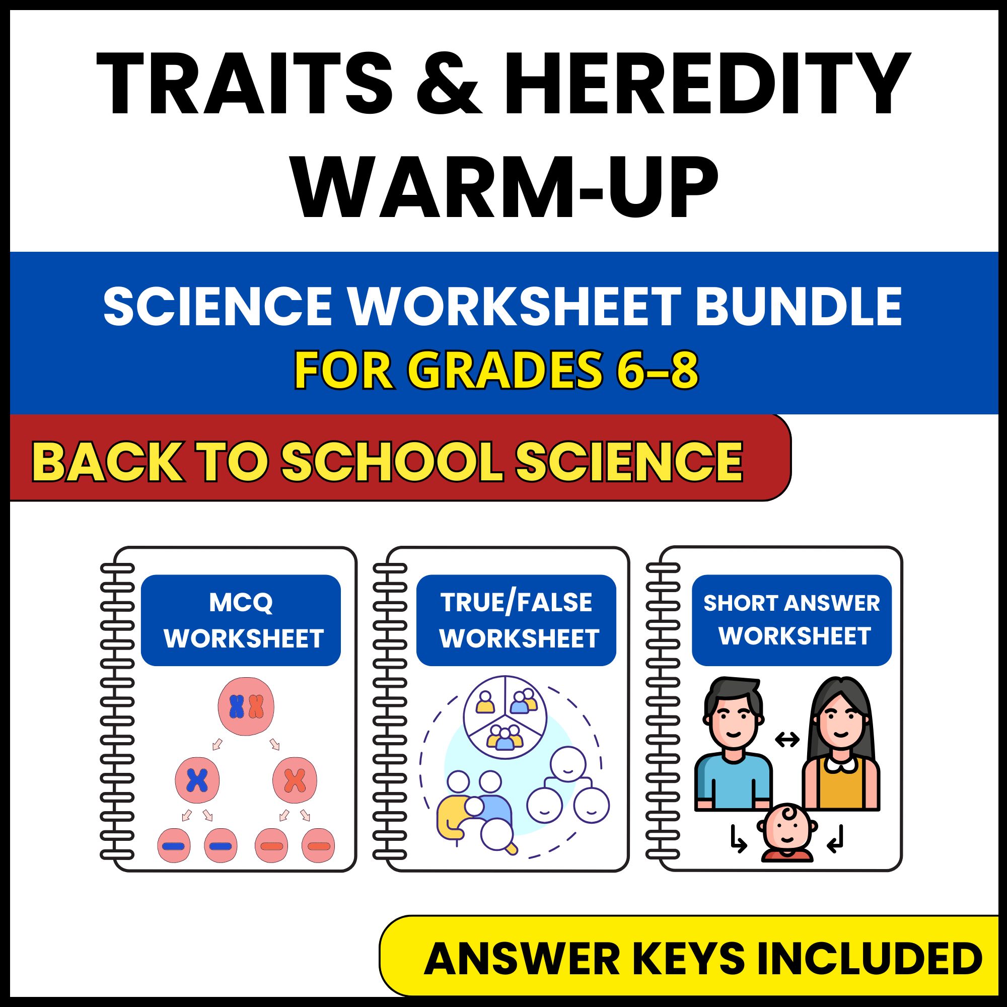 Back to School | Traits and Heredity Warm Up | 3 Worksheets | Grade 6-8