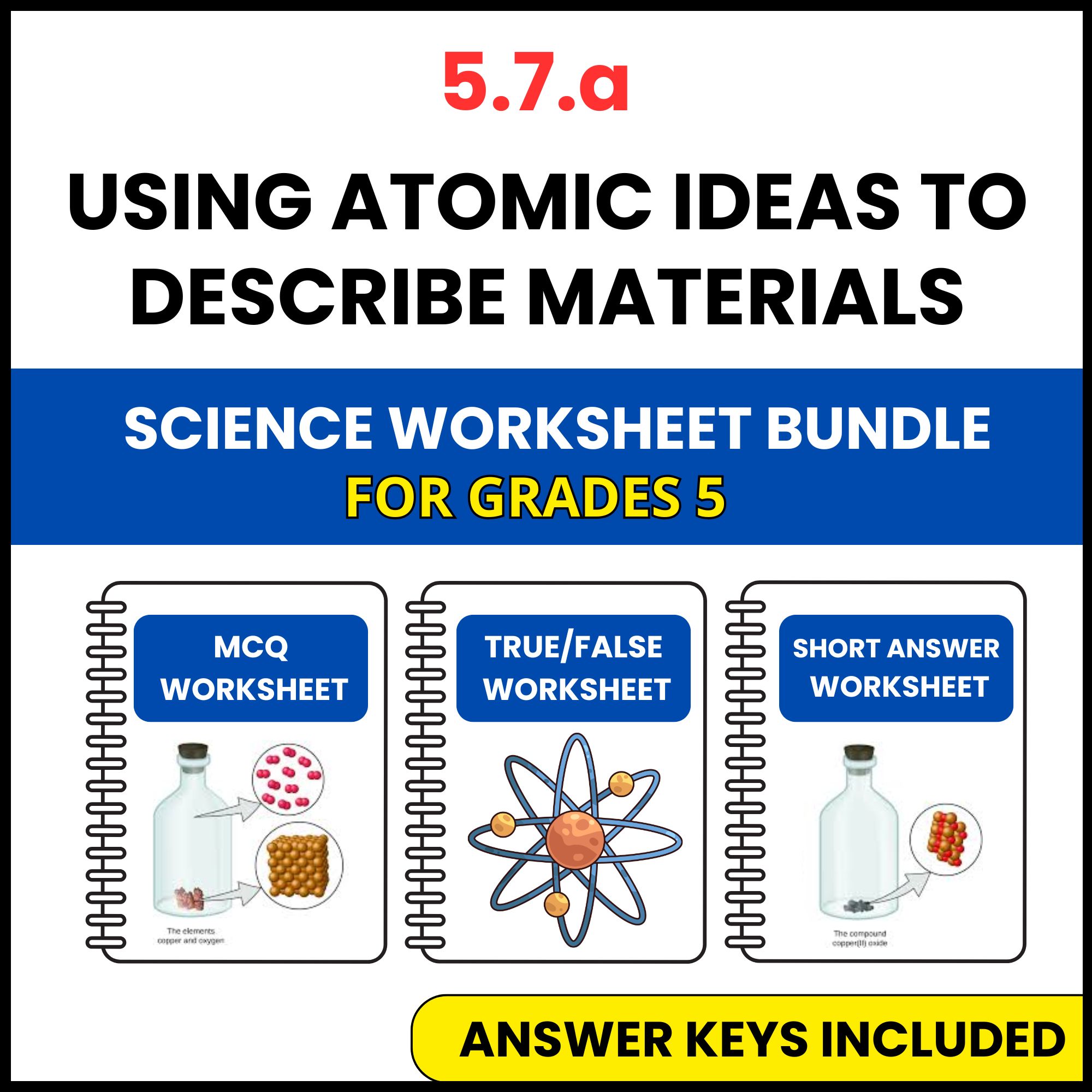 VA SOL Science | Atomic Ideas to Describe Materials | 3 Worksheets | Grade 5