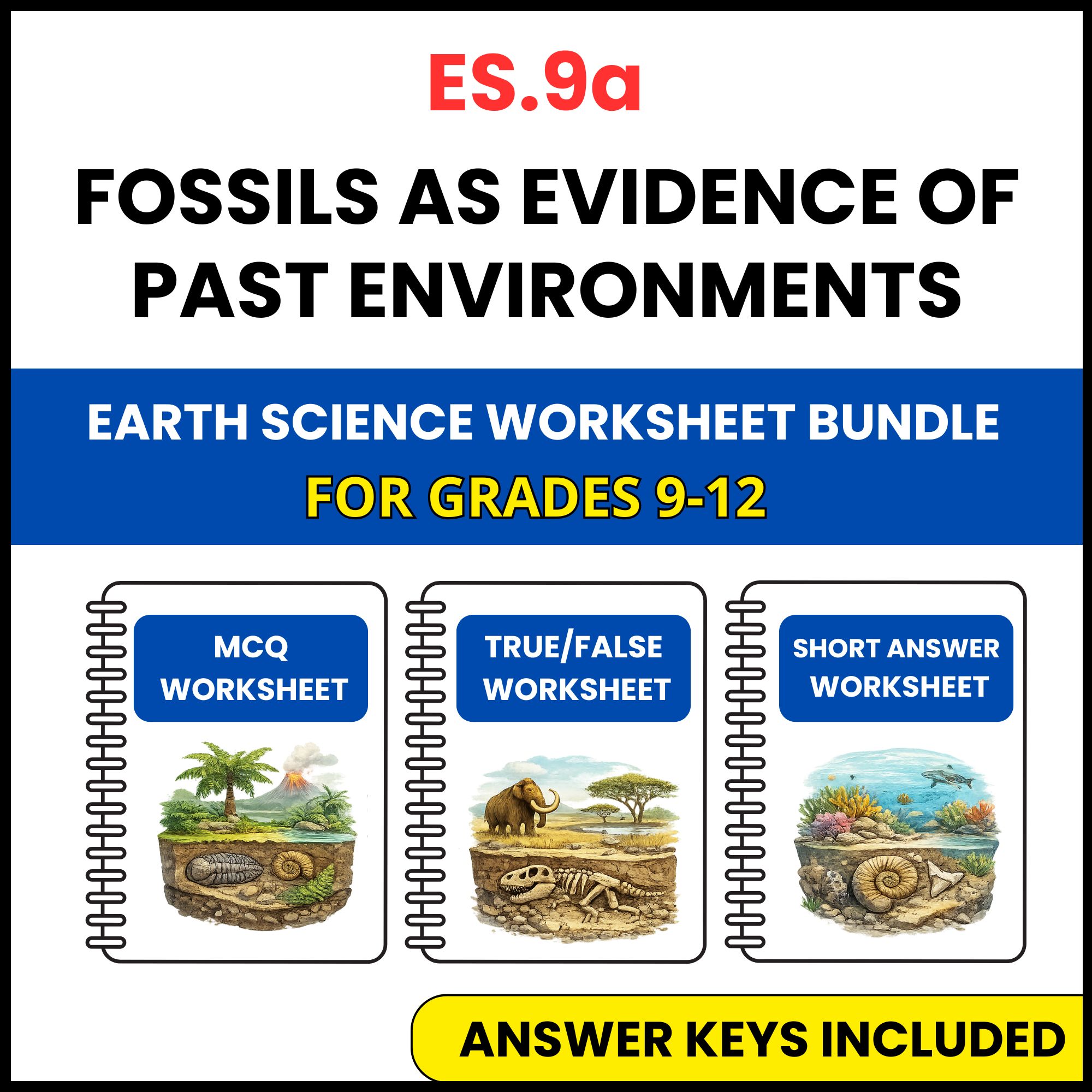 VA SOL Earth Science | Fossils as Evidence of Past | 3 Worksheets | Grade 9-12