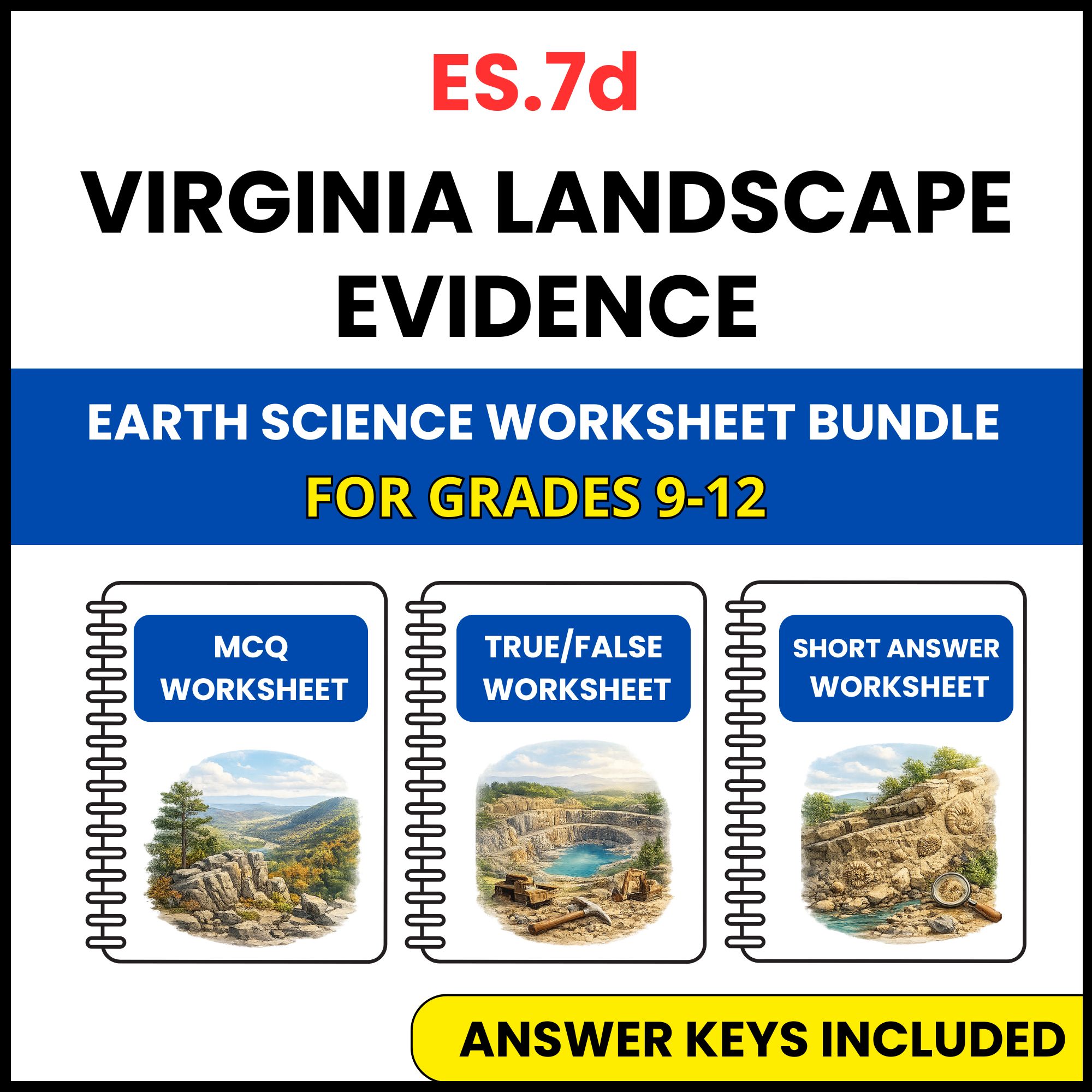 VA SOL Earth Science | Virginia Landscape Evidence | 3 Worksheets | Grade 9-12