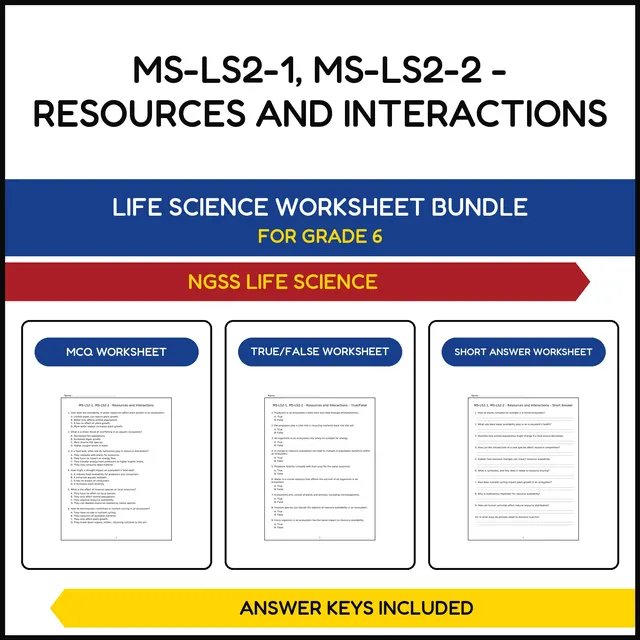 MS NGSS Life Science | MS LS2 1, MS LS2 2 Resources | 3 Worksheets | Grade 6