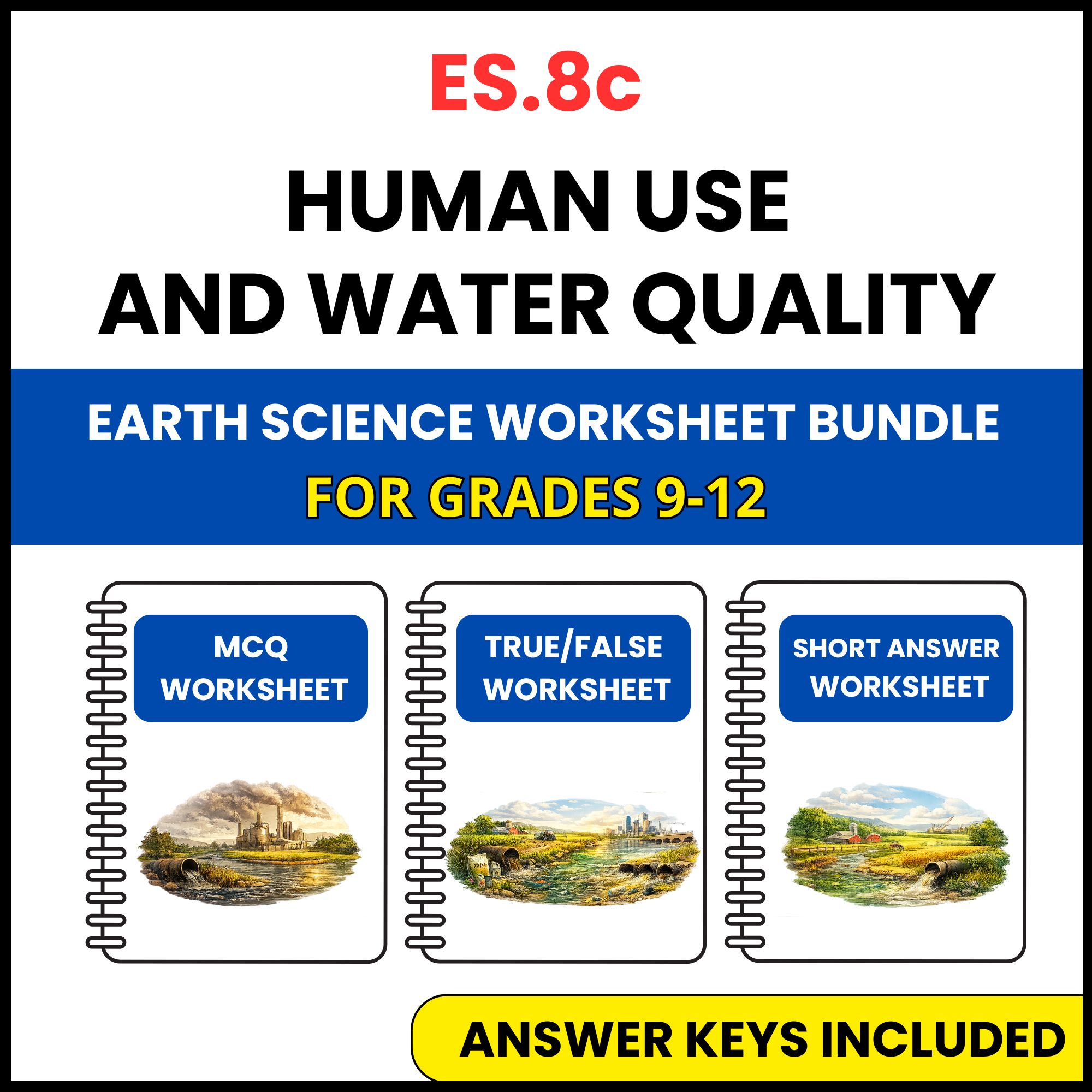 VA SOL Earth Science | Human Use and Water Quality | 3 Worksheets | Grade 9-12