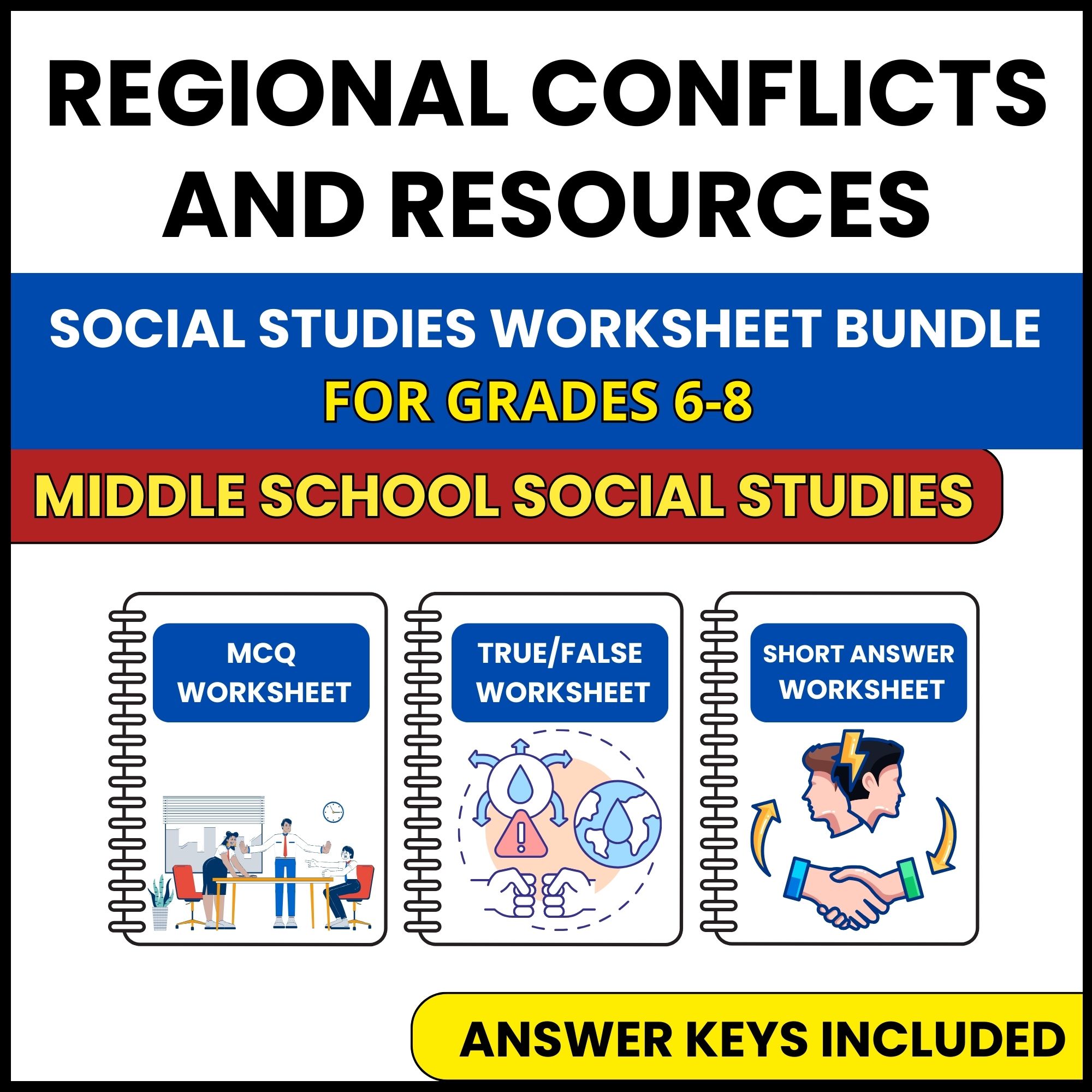 MS Social Studies | Regional Conflicts and Resources | 3 Worksheets | Grade 6-8