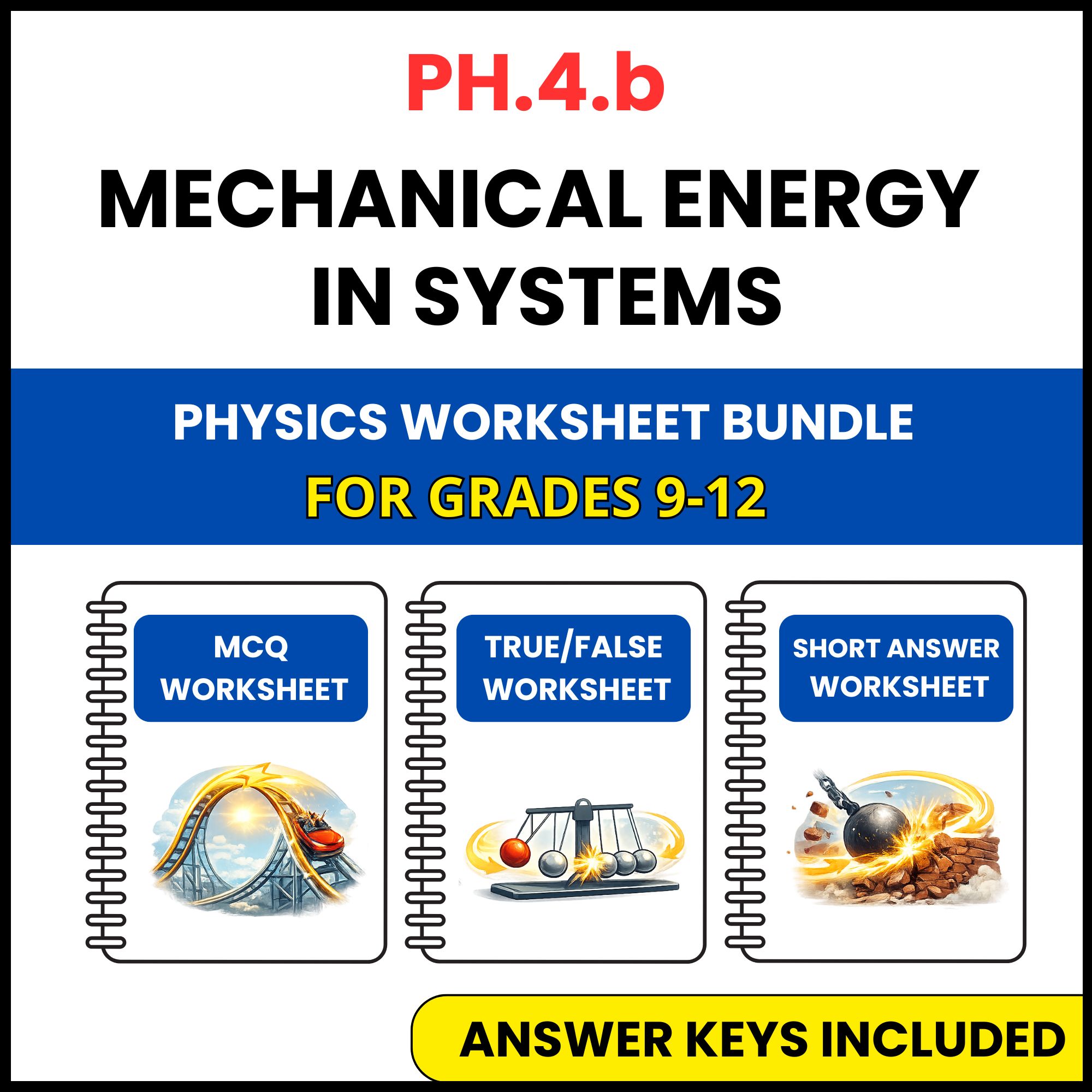 VA SOL Physics | Mechanical Energy in Systems | 3 Worksheets | Grade 9-12