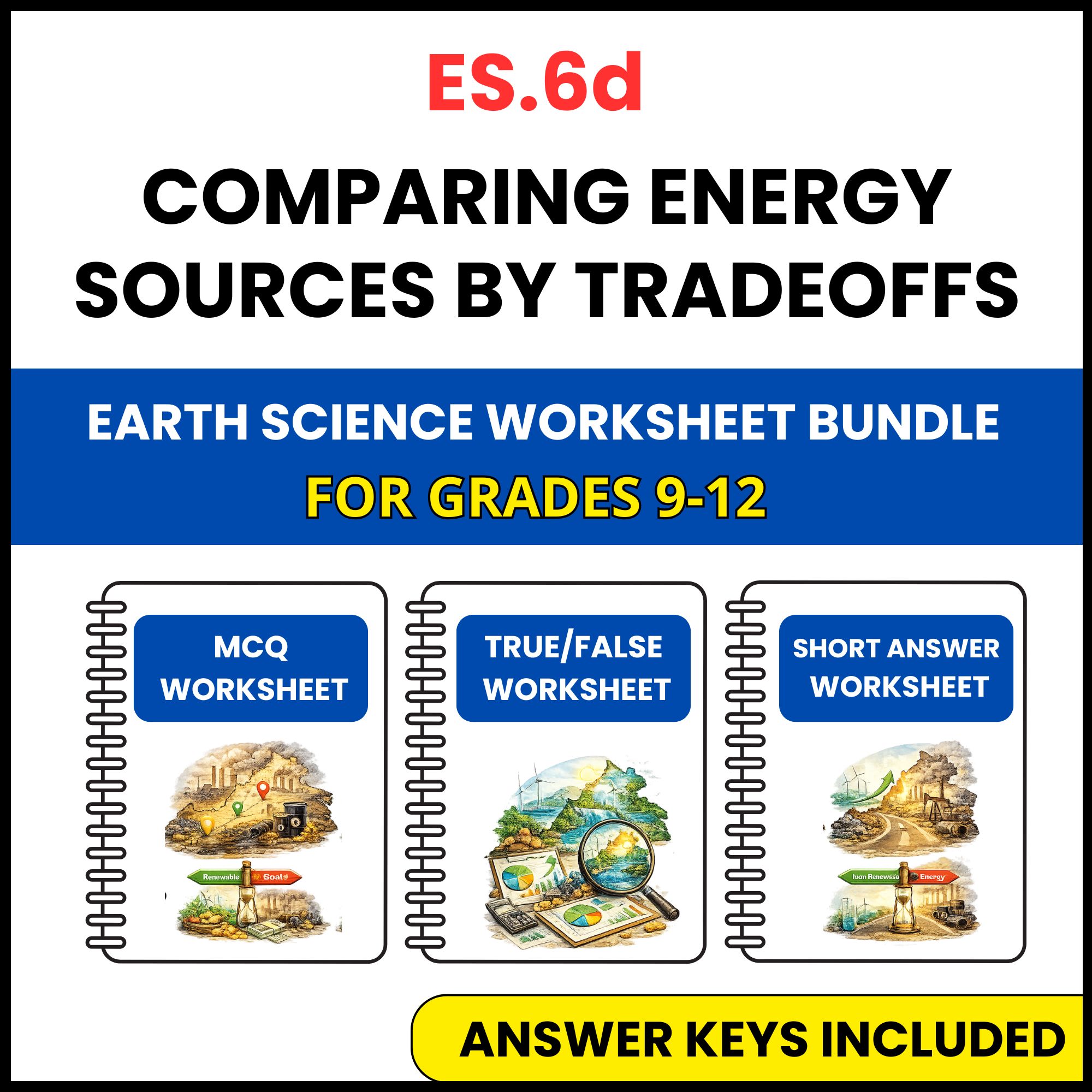 VA SOL Earth Science | Energy Sources by Tradeoffs | 3 Worksheets | Grade 9-12