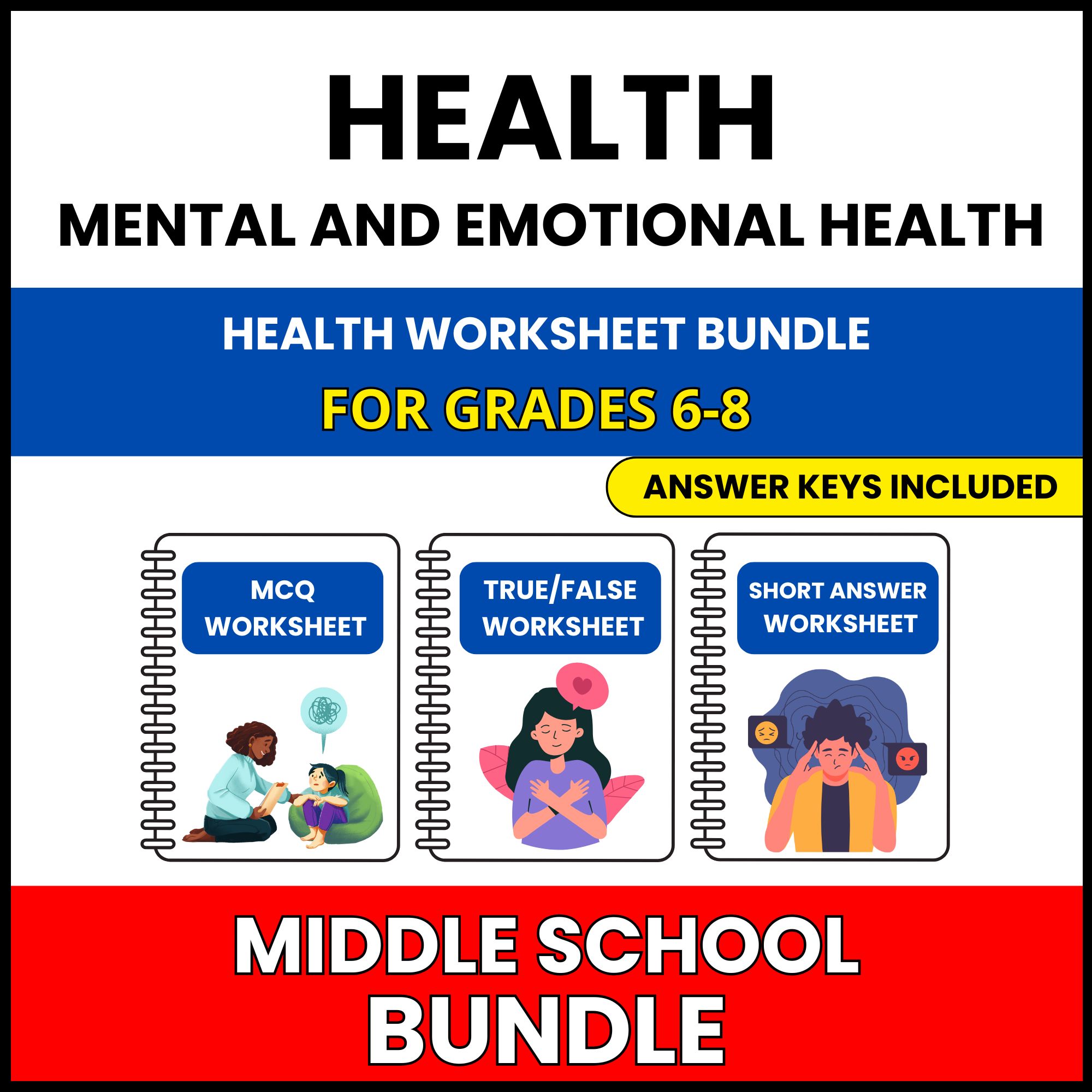 MS Health | Mental and Emotional Health | 45 Worksheets BUNDLE | Grade 6-8