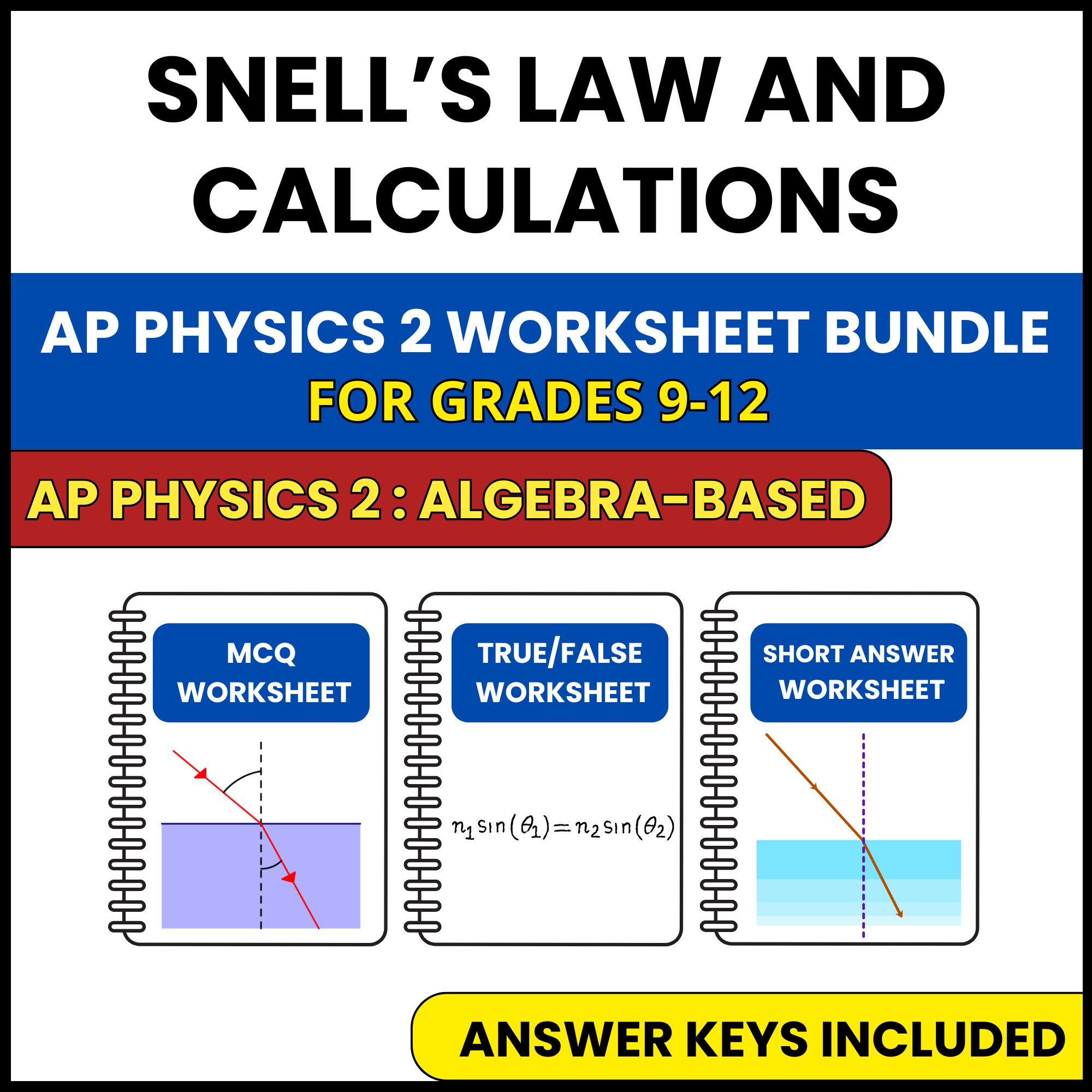 AP Physics 2 | Snell’s Law and Calculations | 3 Worksheets | Grade 9-12