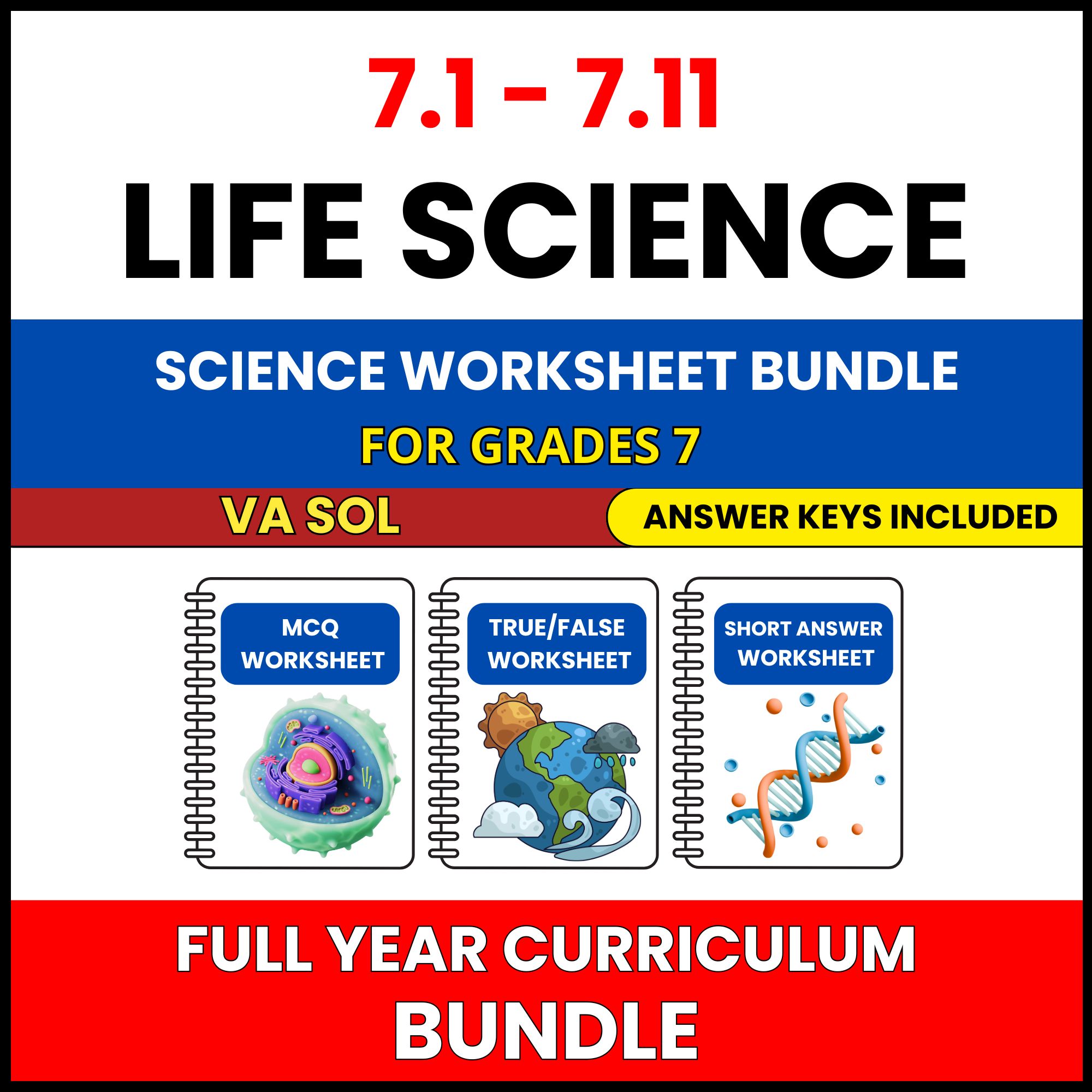 VA SOL Life Science | Full Year Curriculum | 495 Worksheets BUNDLE | Grade 7