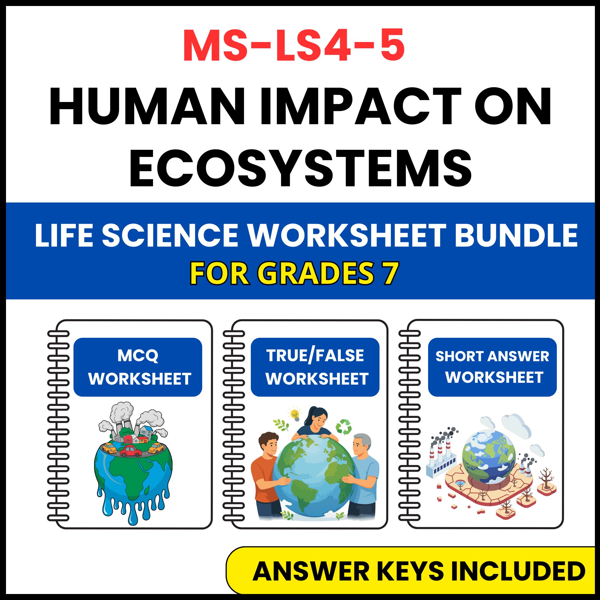 MS NGSS Life Science | Human Impact on Ecosystems | 3 Worksheets | Grade 7