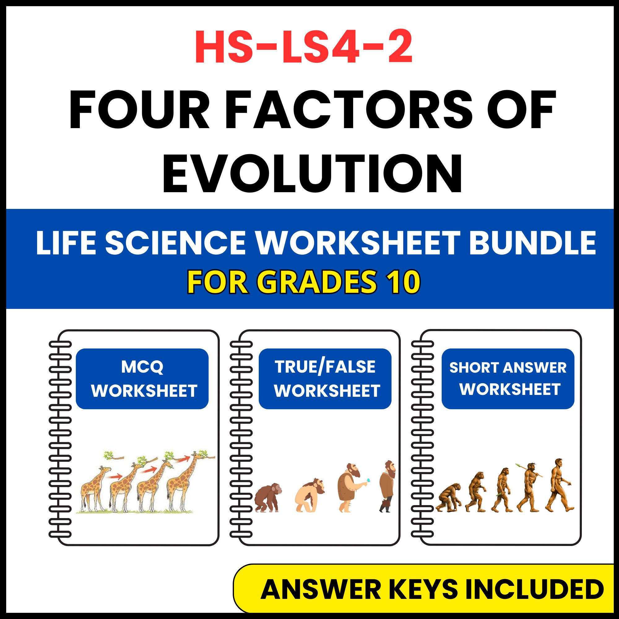 HS NGSS Life Science | Four Factors of Evolution | 3 Worksheets | Grade 10
