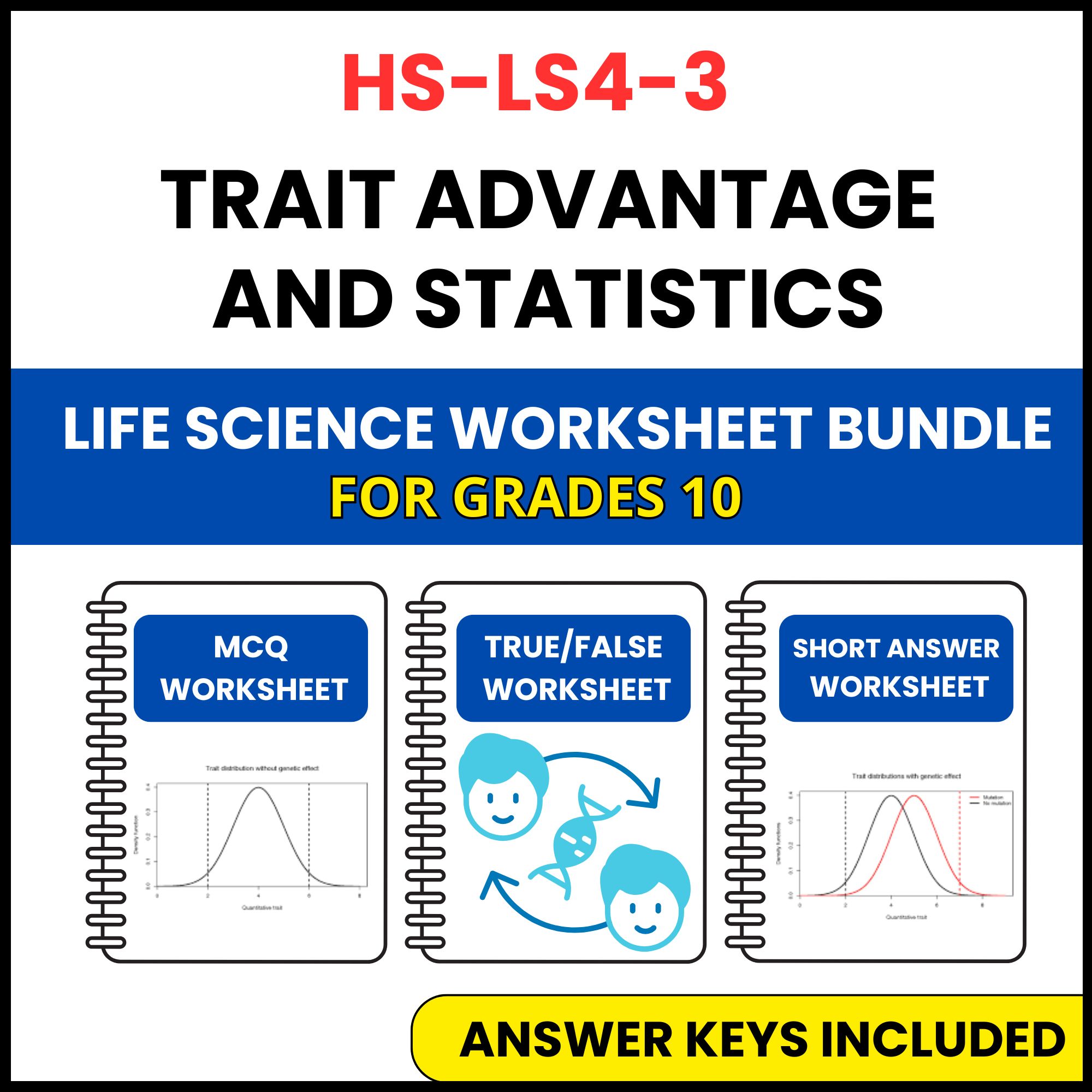 HS NGSS Life Science | Trait Advantage and Statistics | 3 Worksheets | Grade 10