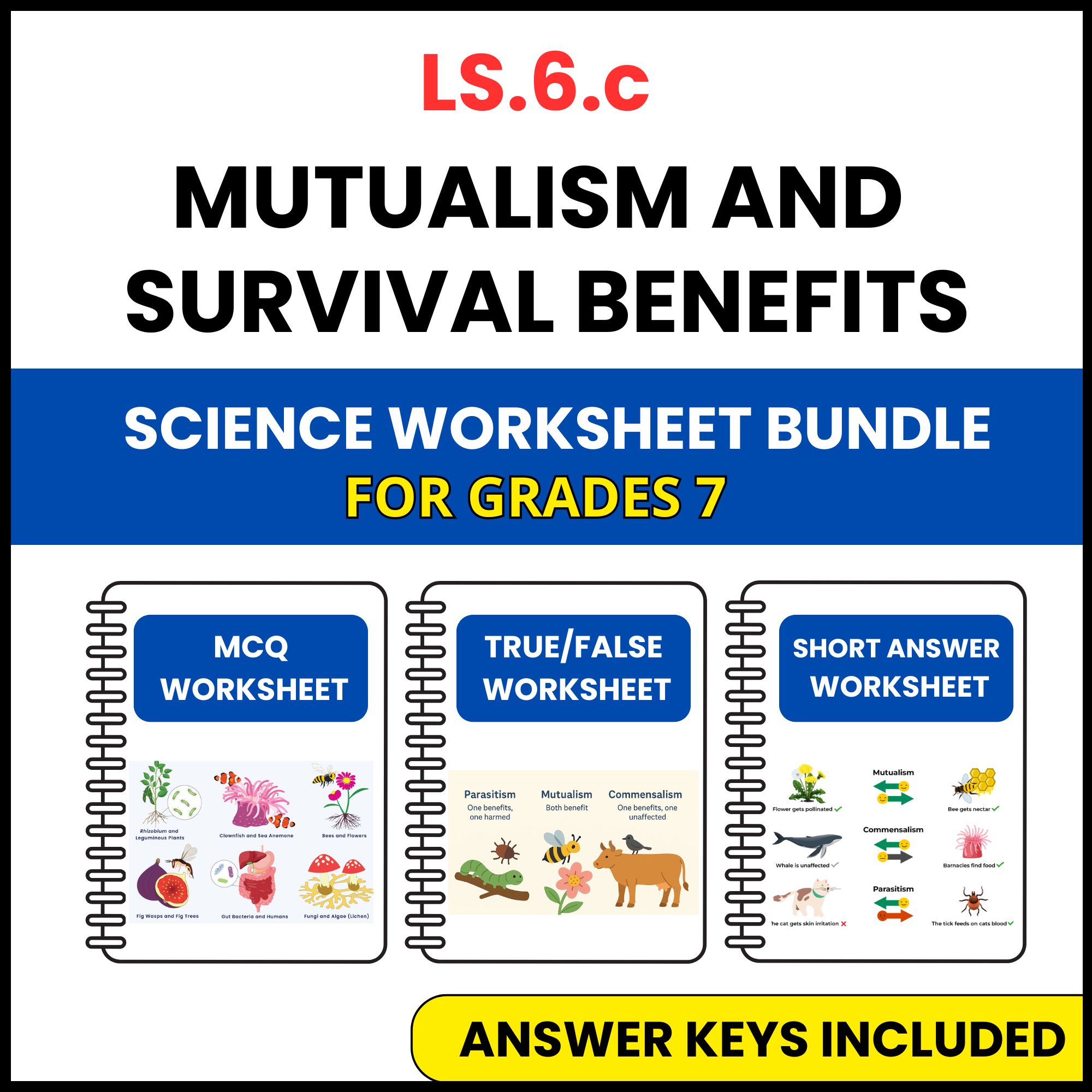 VA SOL Life Science | Mutualism and Survival Benefits | 3 Worksheets | Grade 7