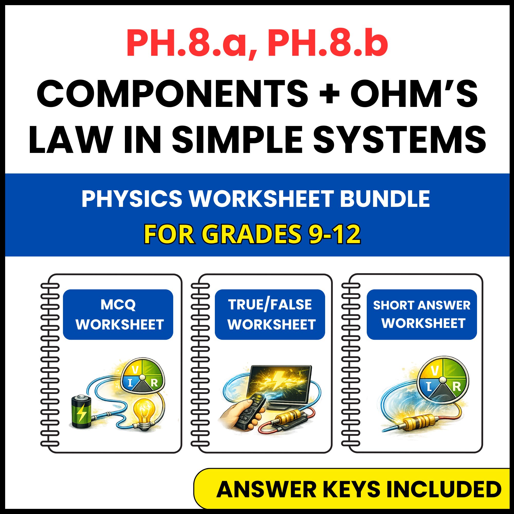 VA SOL Physics | Components + Ohm’s Law in Simple | 3 Worksheets | Grade 9-12