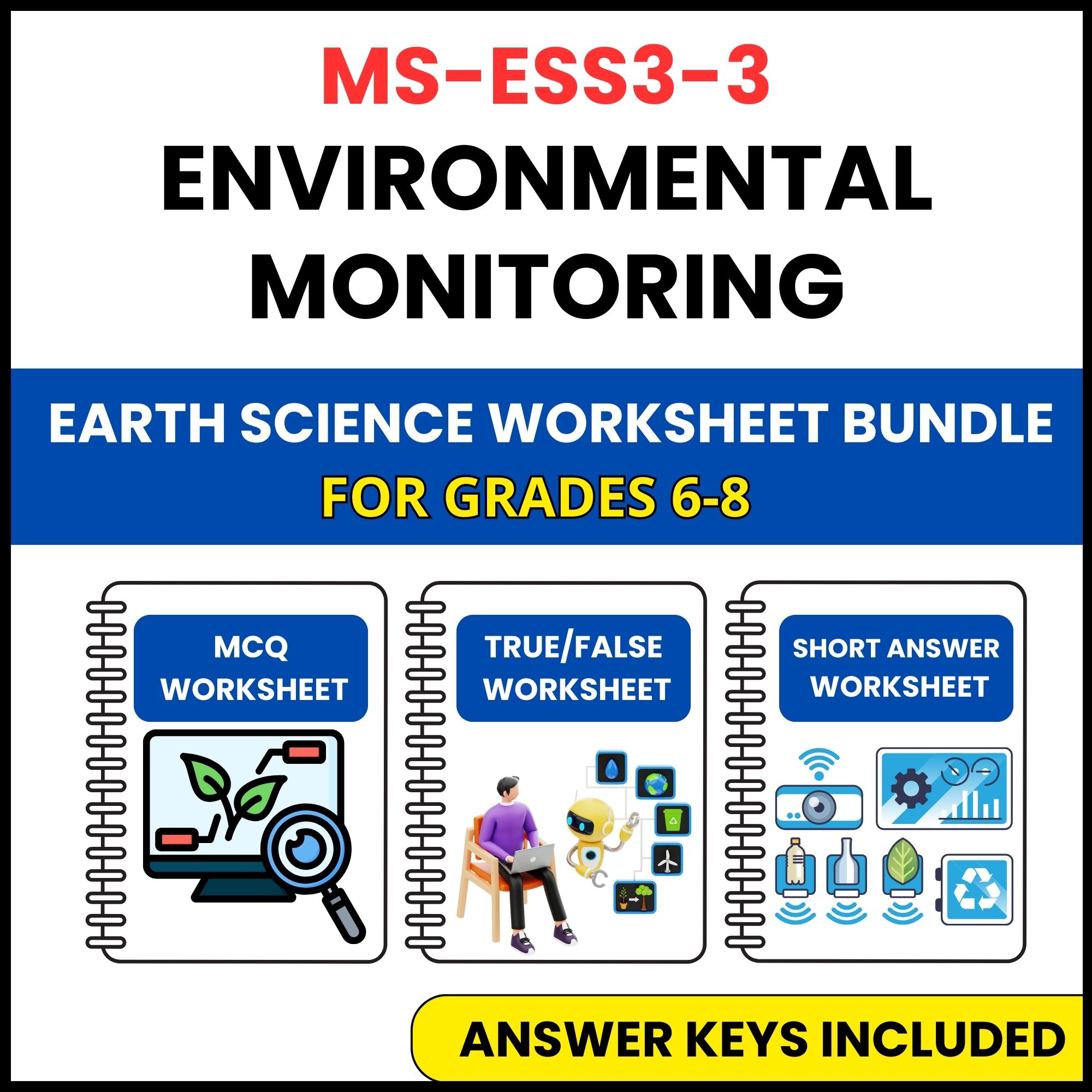 MS NGSS Earth Science | Environmental Monitoring | 3 Worksheets | Grade 6-8