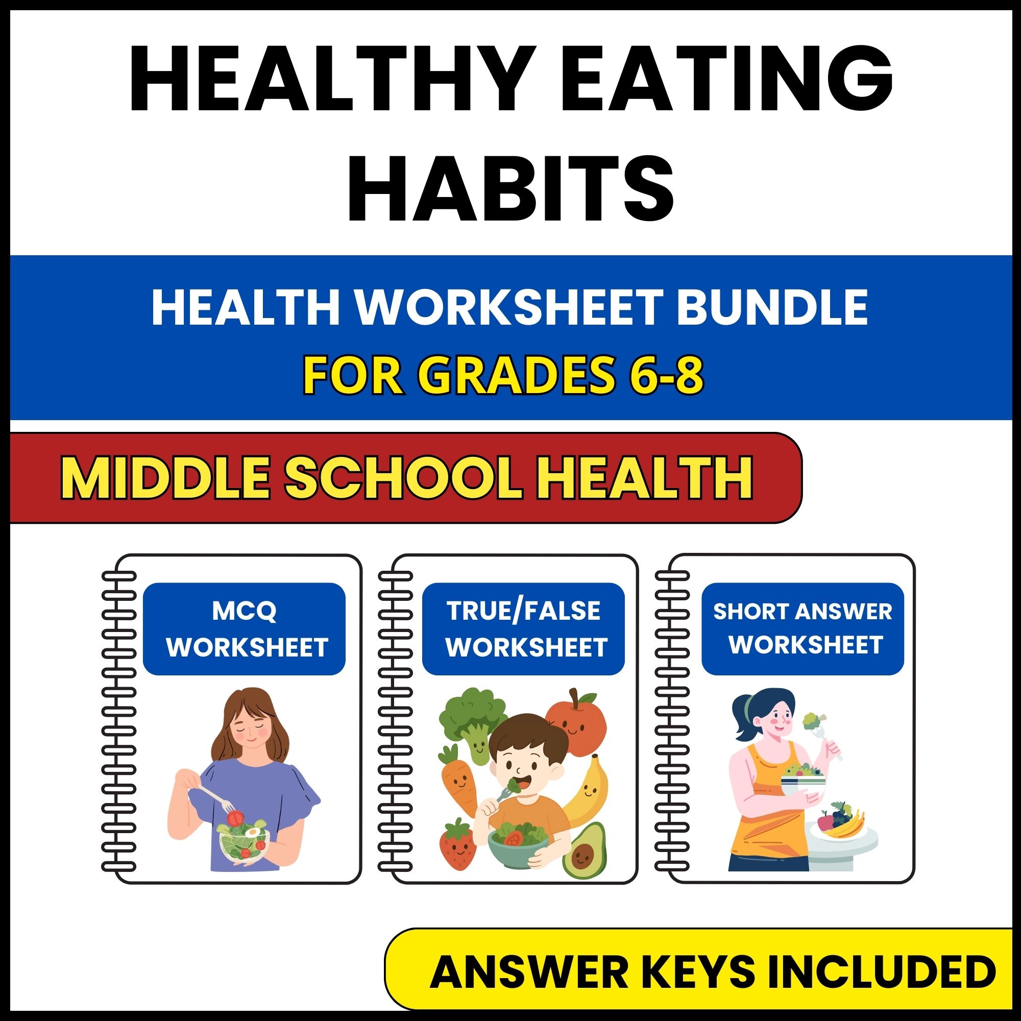 MS Health | Healthy Eating Habits | 3 Worksheets | Grade 6-8