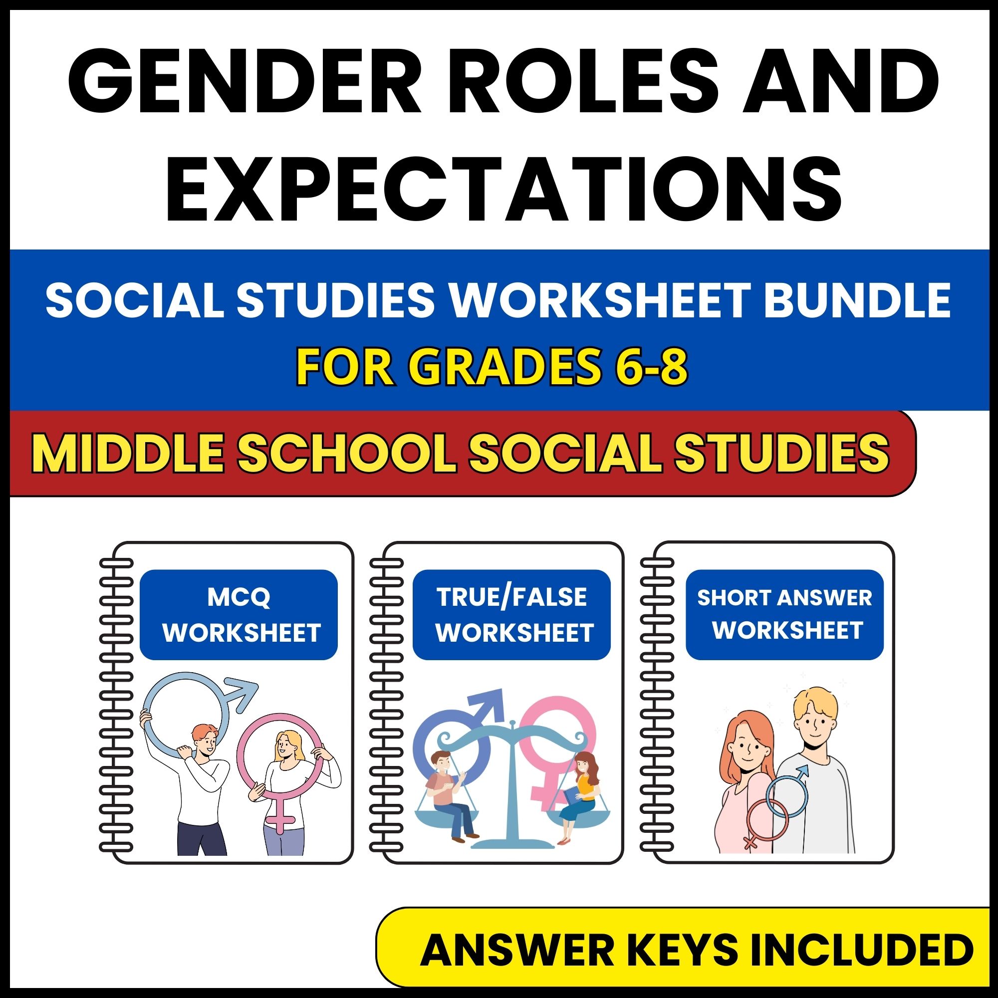 MS Social Studies | Gender Roles and Expectations | 3 Worksheets | Grade 6-8