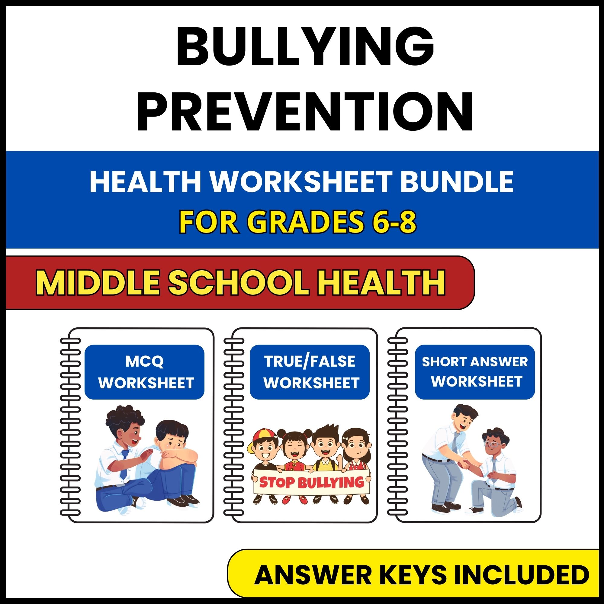 MS Health | Bullying Prevention | 3 Worksheets | Grade 6-8