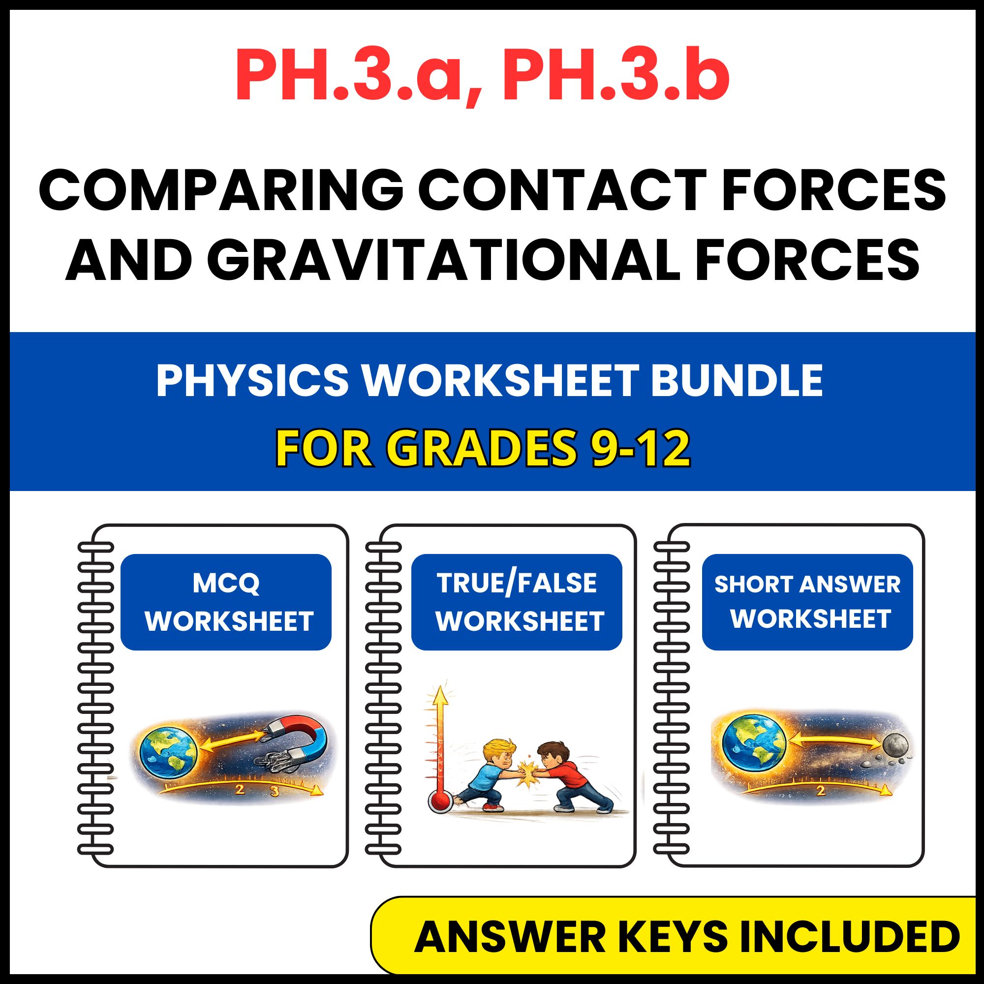 VA SOL Physics | Contact Forces and Gravitational | 3 Worksheets | Grade 9-12
