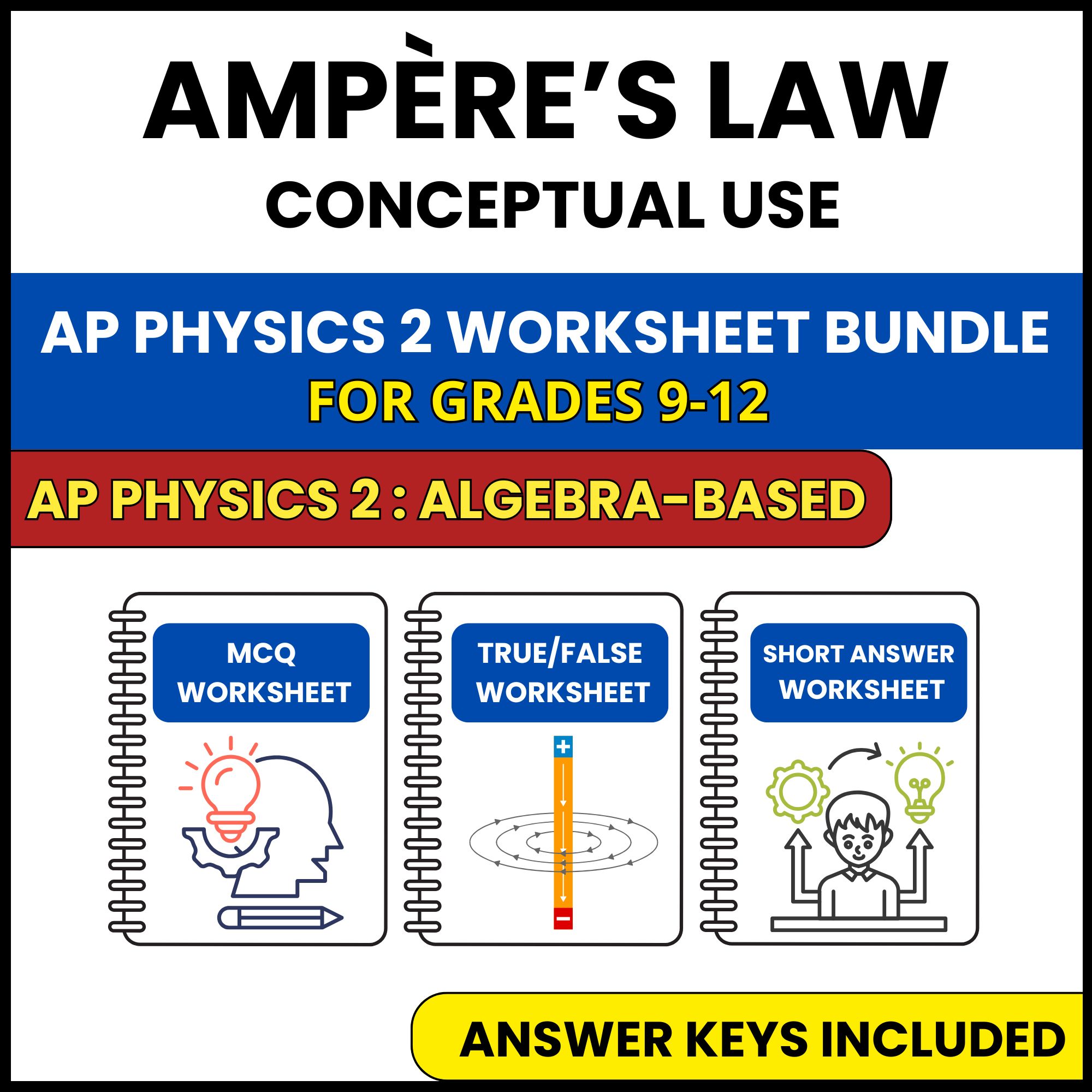 AP Physics 2 | Ampère’s Law Conceptual Use | 3 Worksheets | Grade 9-12