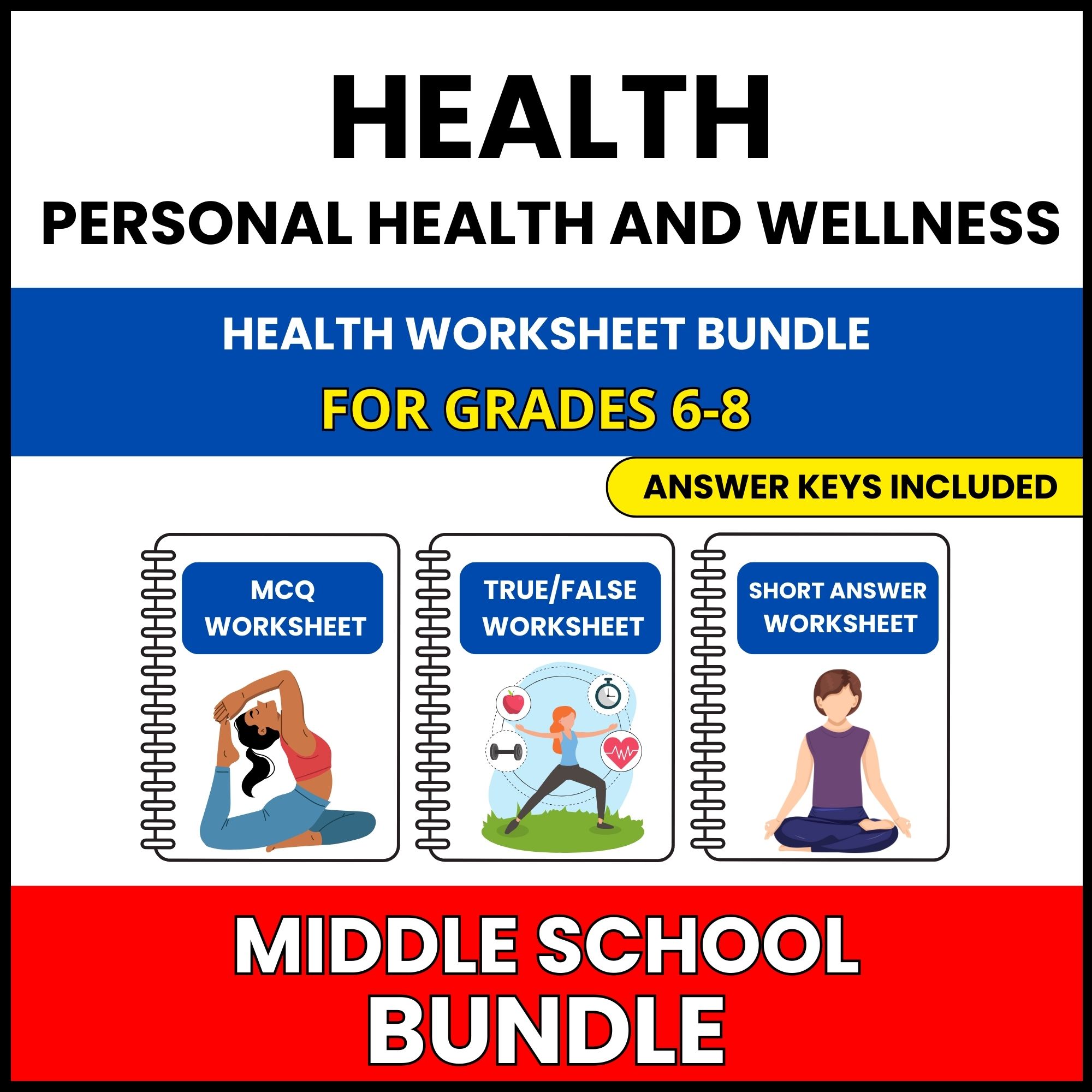 MS Health | Personal Health and Wellness | 45 Worksheets BUNDLE | Grade 6-8