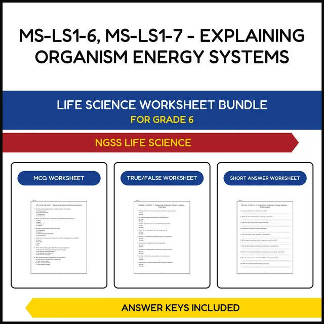 MS NGSS Life Science | MS LS1 6, MS LS1 7 Explaining | 3 Worksheets | Grade 6