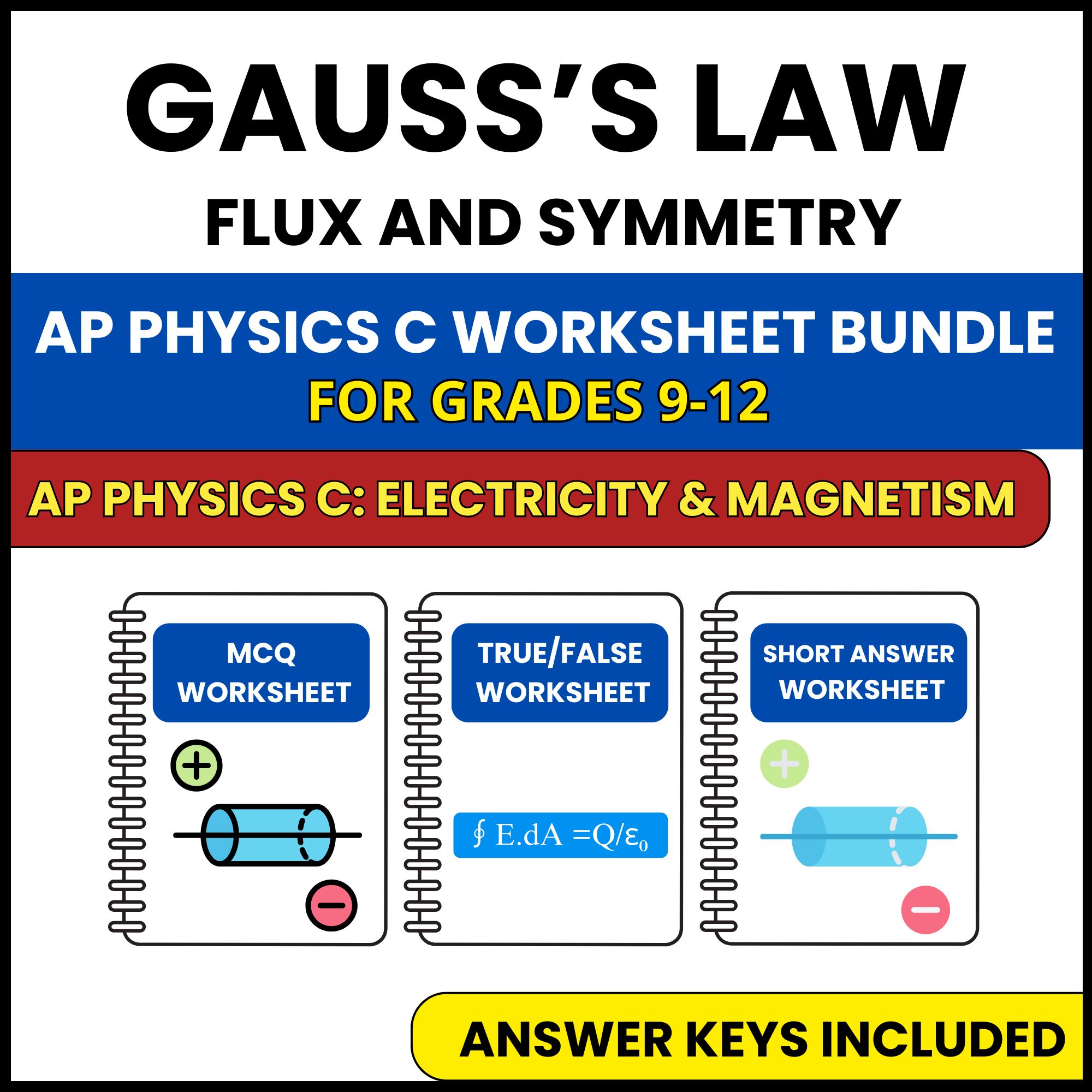 AP Physics C E&M | Gauss’s Law Flux and Symmetry | 3 Worksheets | Grade 9-12