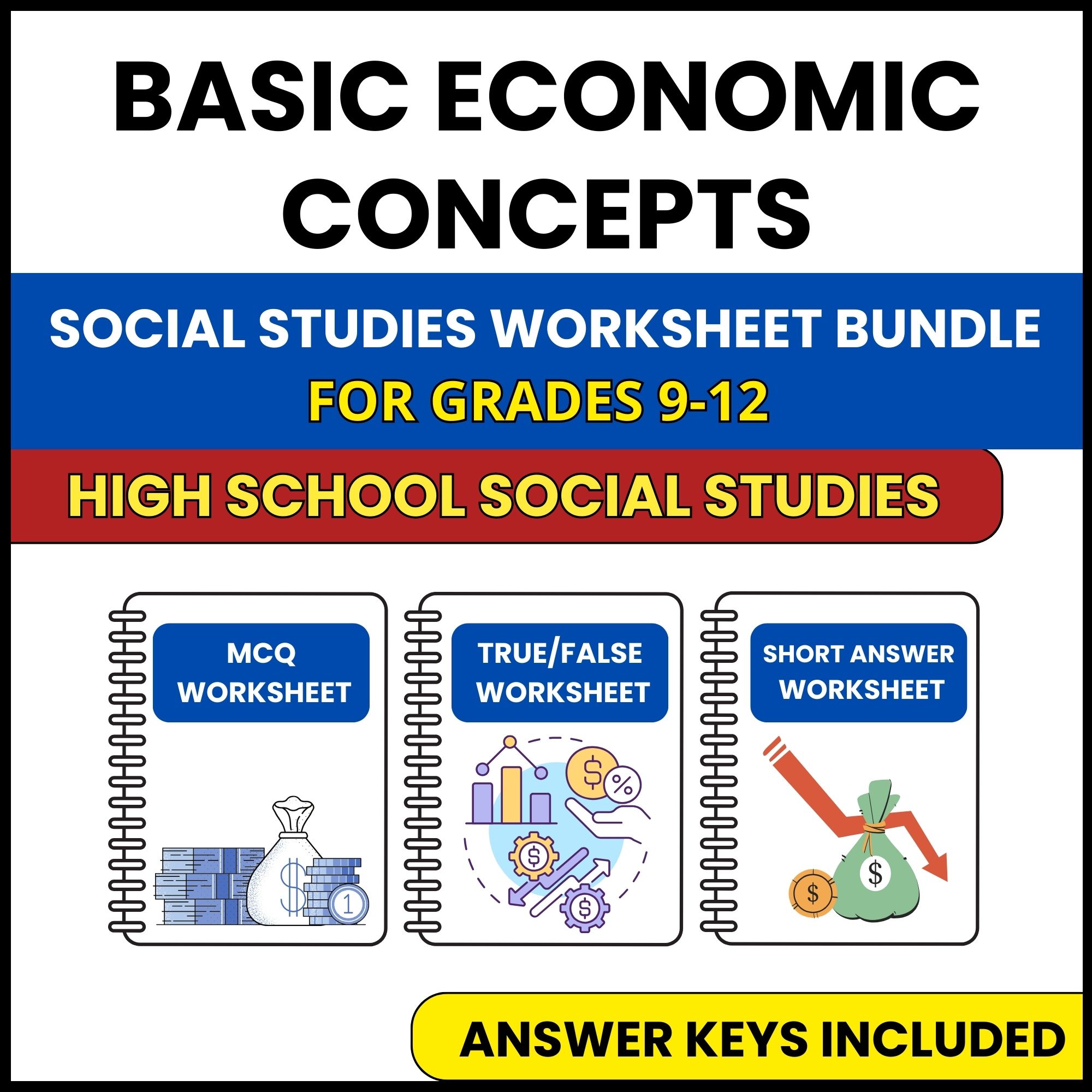 HS Social Studies | Basic Economic Concepts | 3 Worksheets | Grade 9-12
