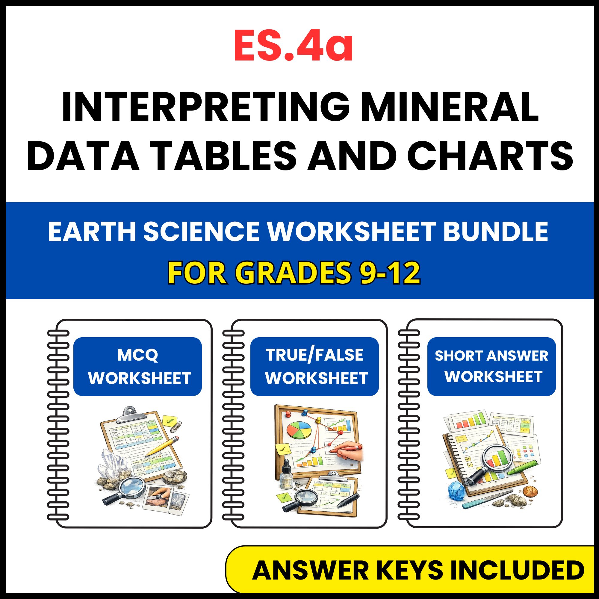 VA SOL Earth Science | Mineral Data Tables | 3 Worksheets | Grade 9-12