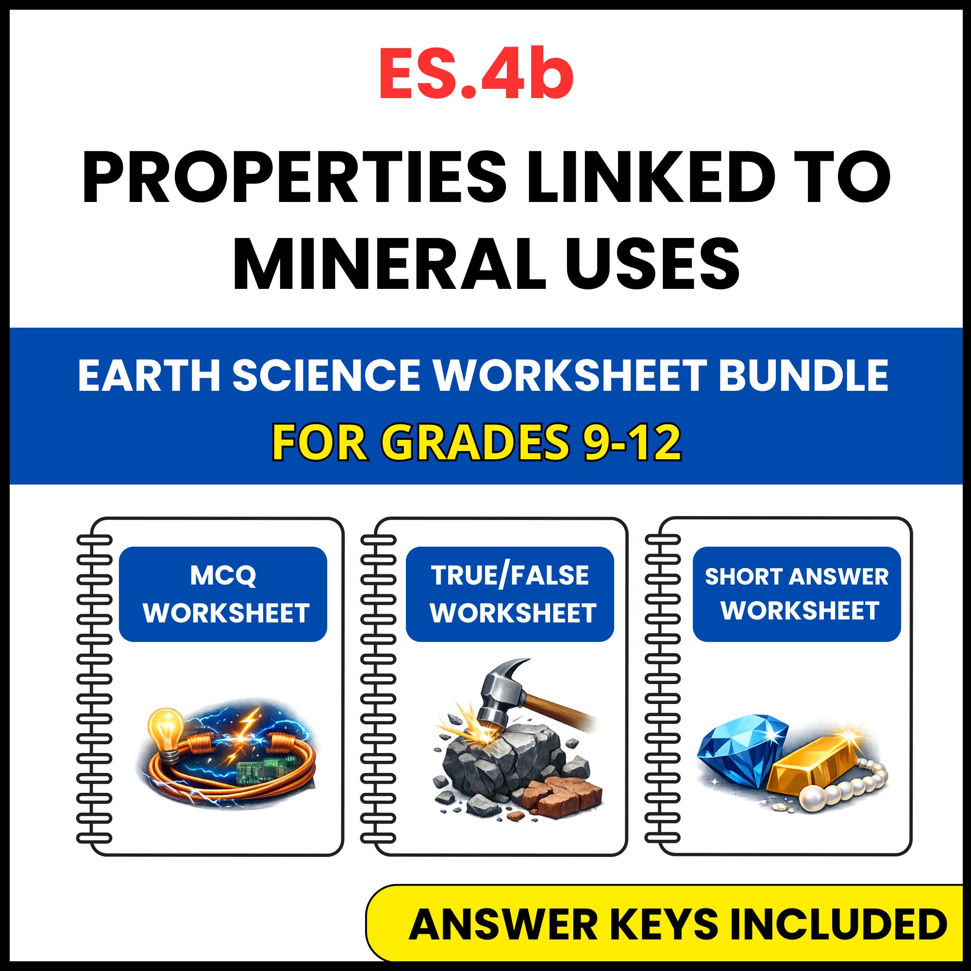 VA SOL Earth Science | Properties Linked to Mineral | 3 Worksheets | Grade 9-12