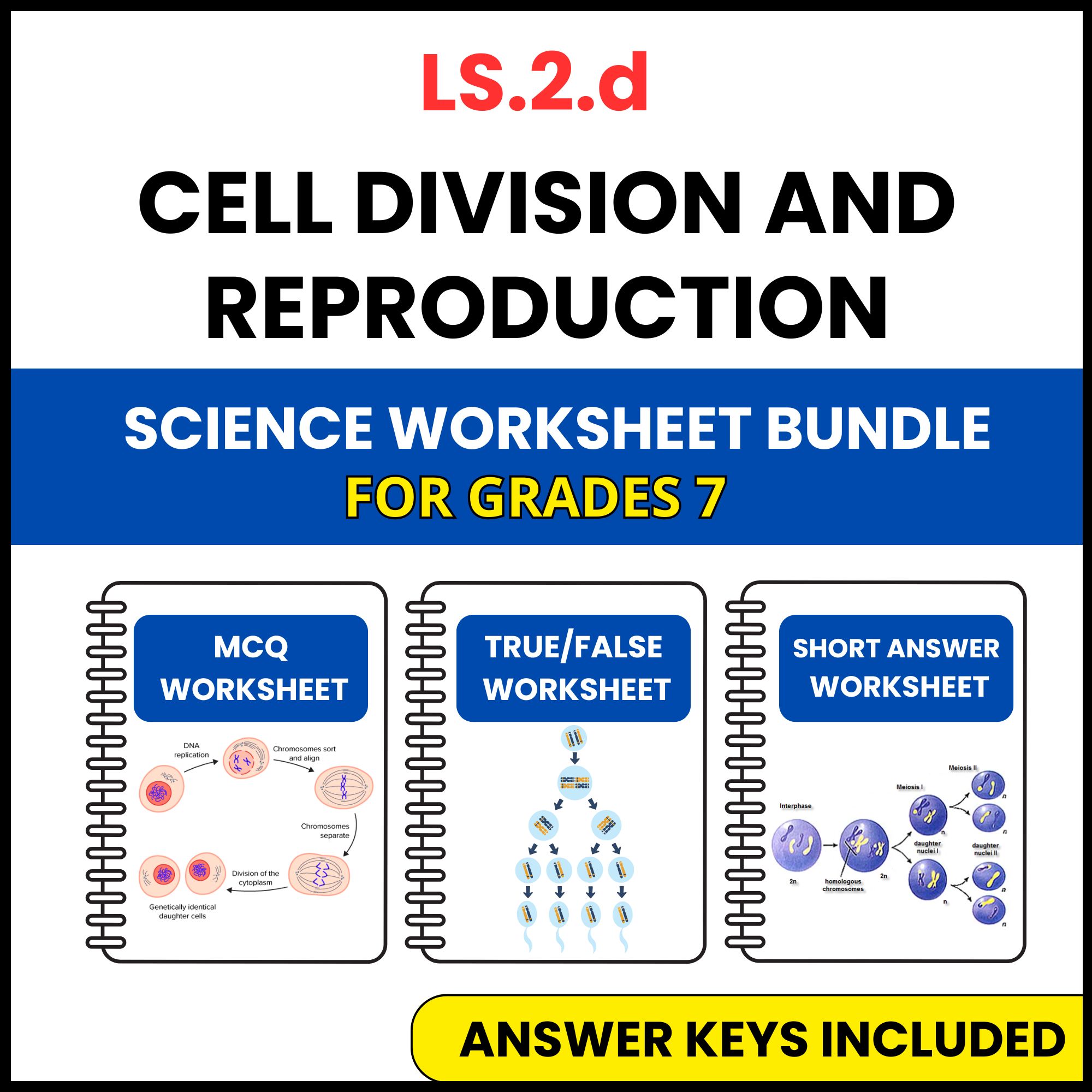 VA SOL Life Science | Cell Division and Reproduction | 3 Worksheets | Grade 7