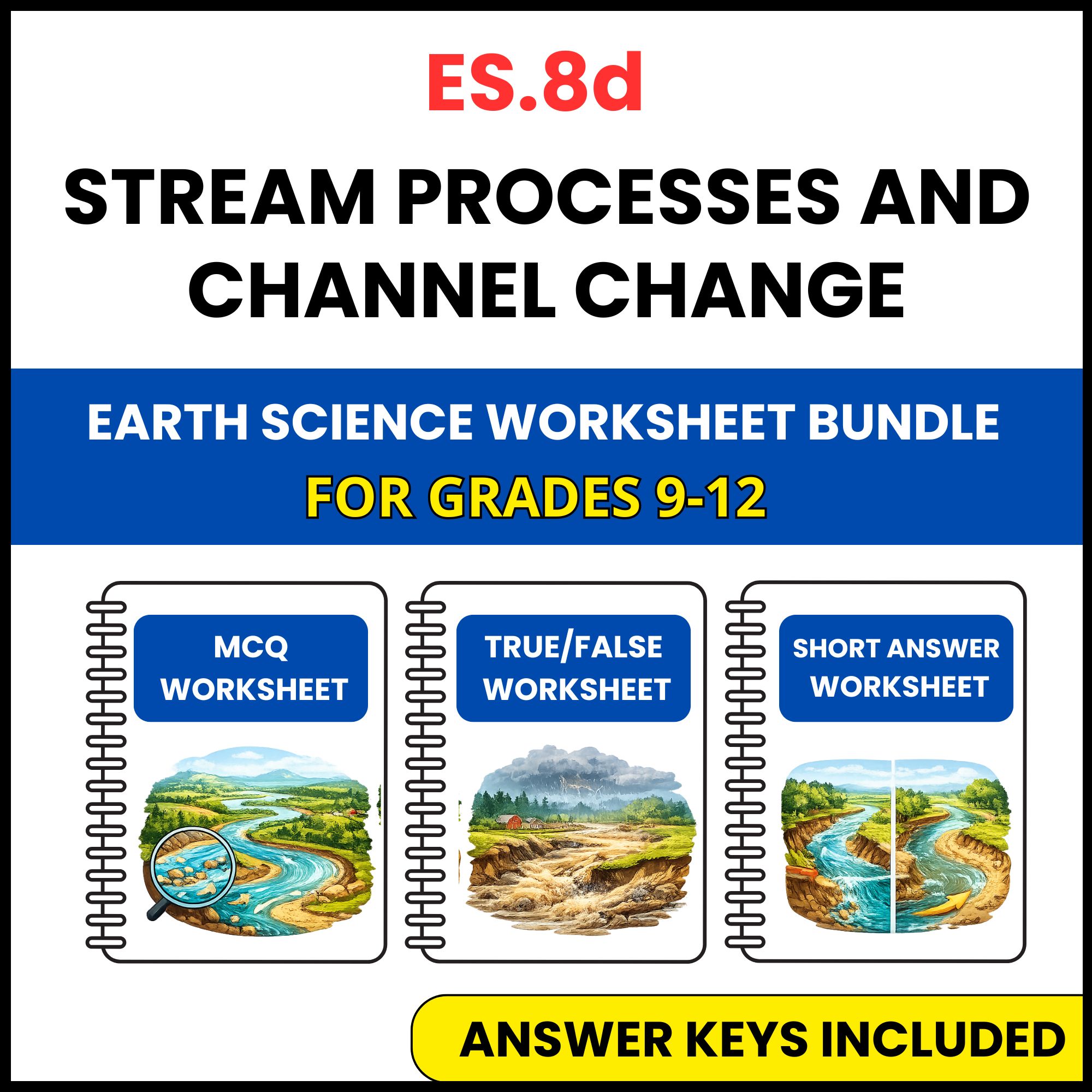 VA SOL Earth Science | Stream Processes and Channel | 3 Worksheets | Grade 9-12