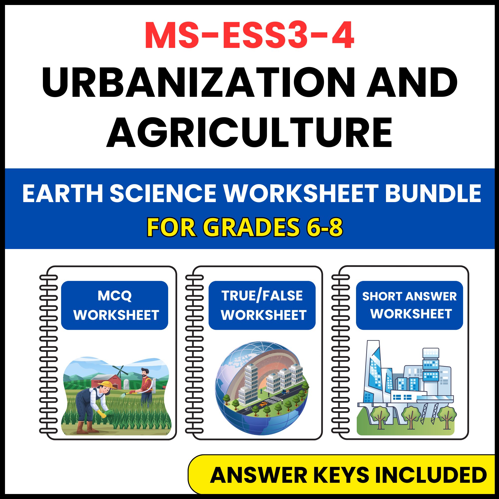 MS NGSS Earth Science | Urbanization and Agriculture | 3 Worksheets | Grade 6-8