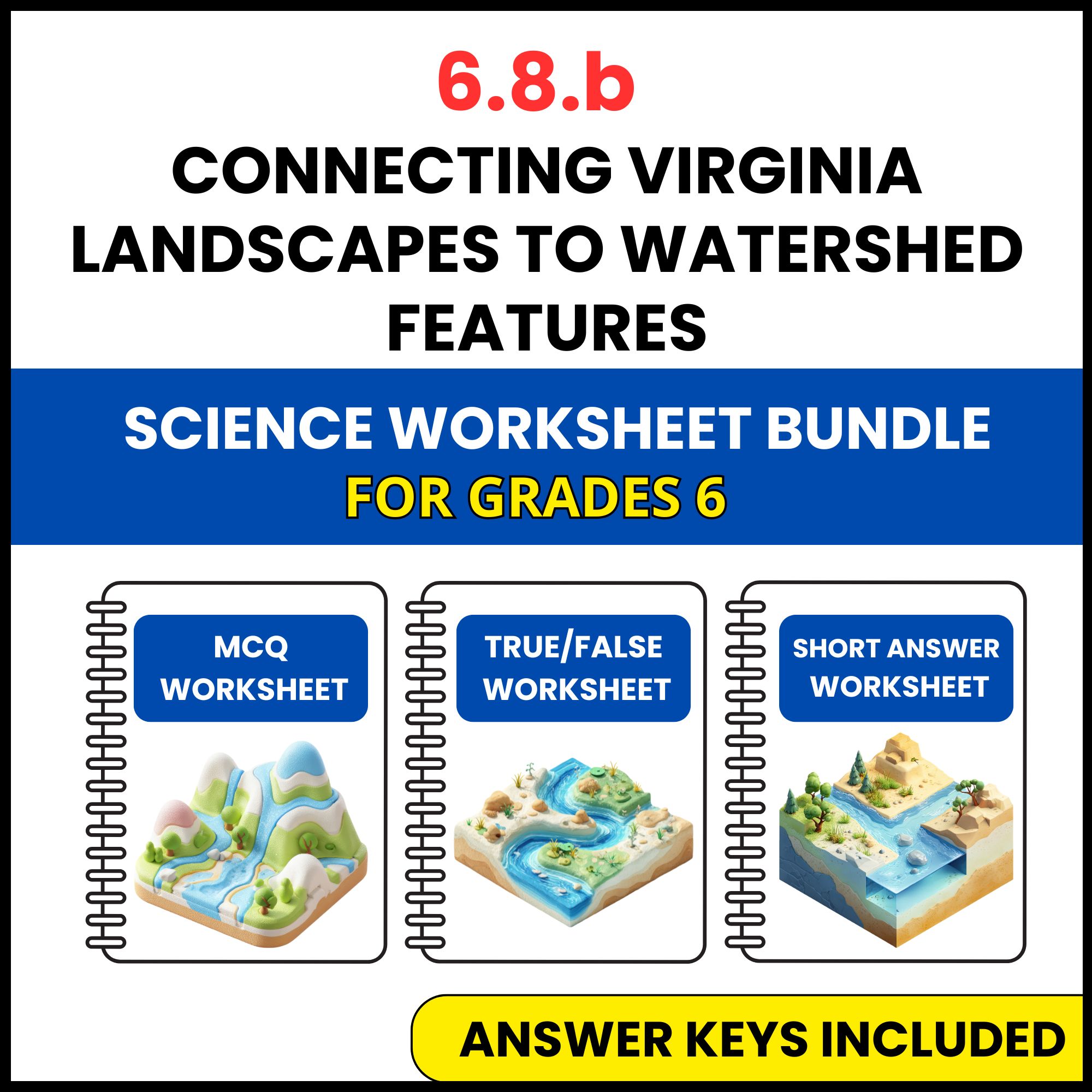 VA SOL Science | Virginia Landscapes to Watershed | 3 Worksheets | Grade 6