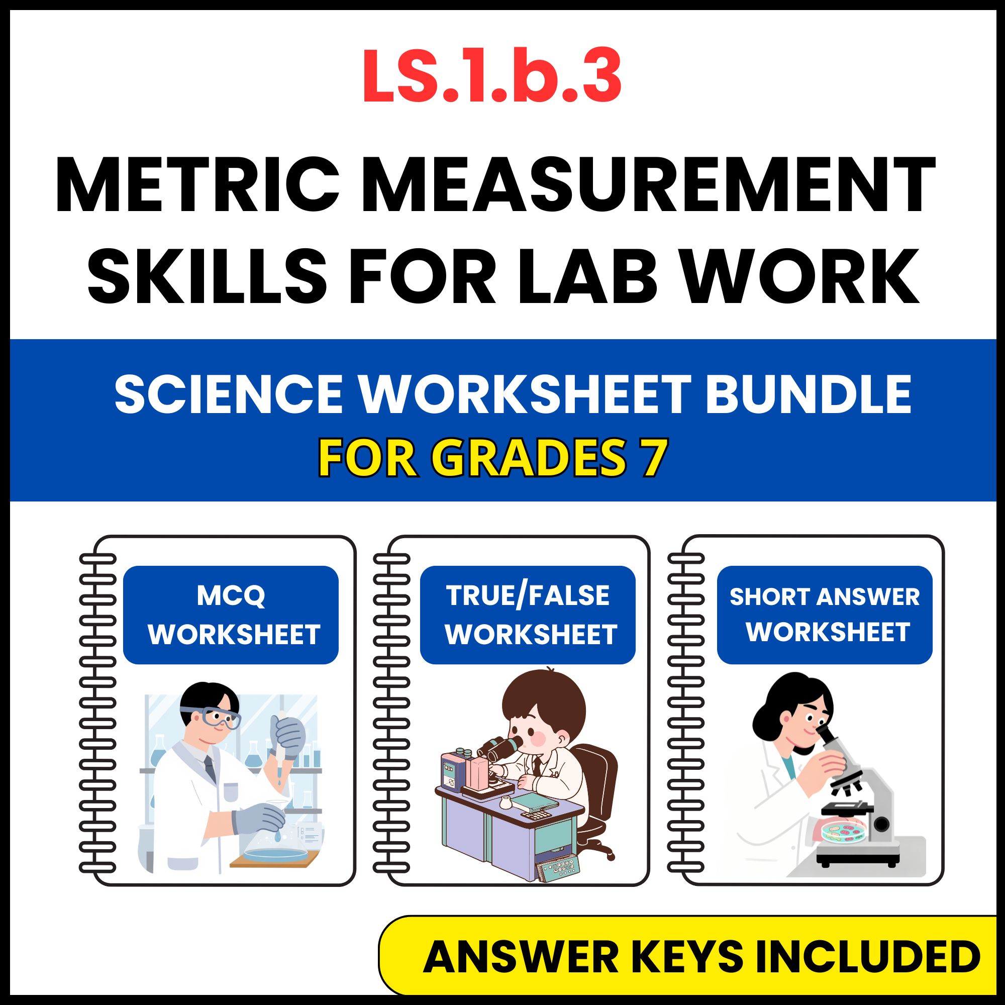 VA SOL Life Science | Metric Measurement Skills for Lab | 3 Worksheets | Grade 7